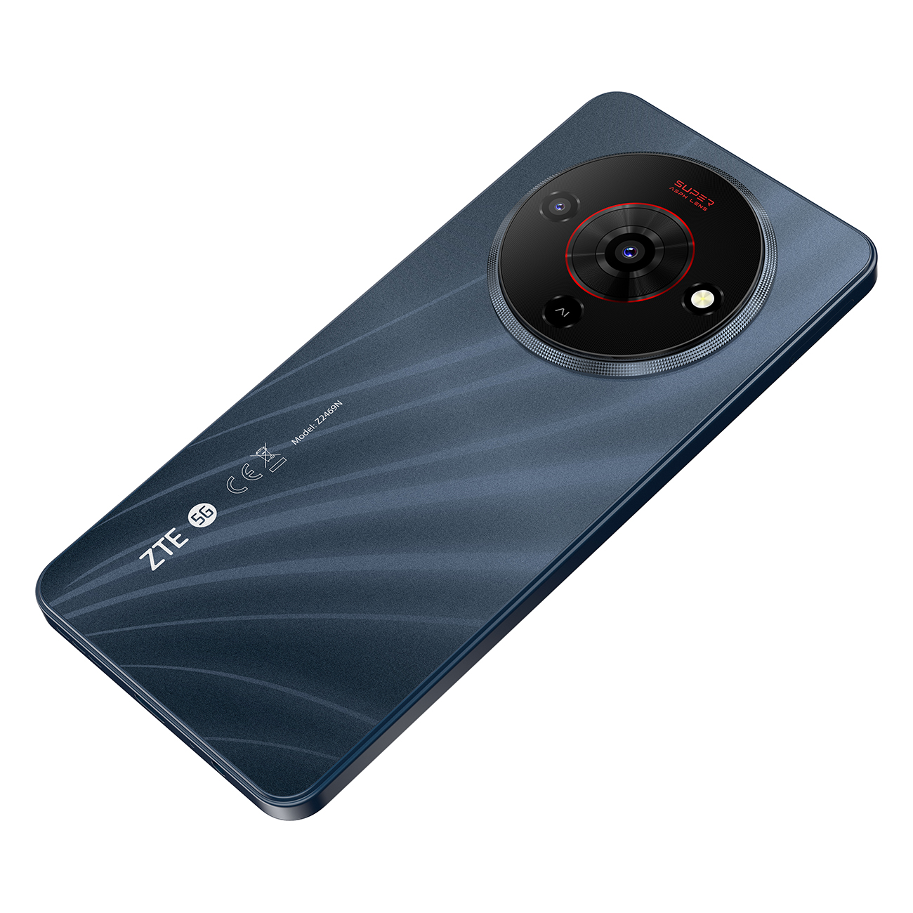 Niebieski telefon ZTE z dużym modułem aparatu. Cechy: potrójny obiektyw, logo 5G i numer modelu Z2469N.