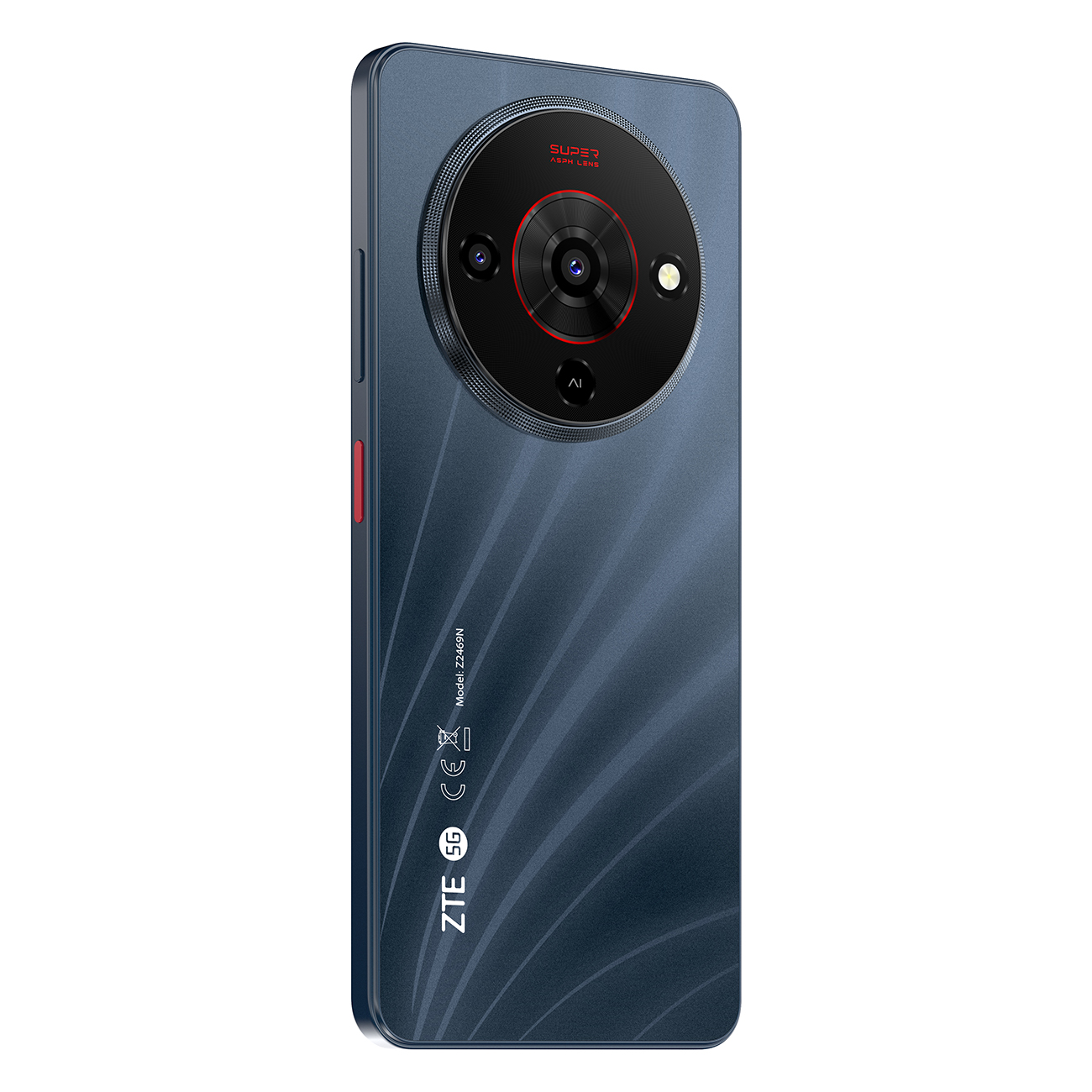 Ciemnoniebieski smartfon ZTE z dużym obiektywem aparatu. Ma czerwony przycisk zasilania i logo 5G na plecach.