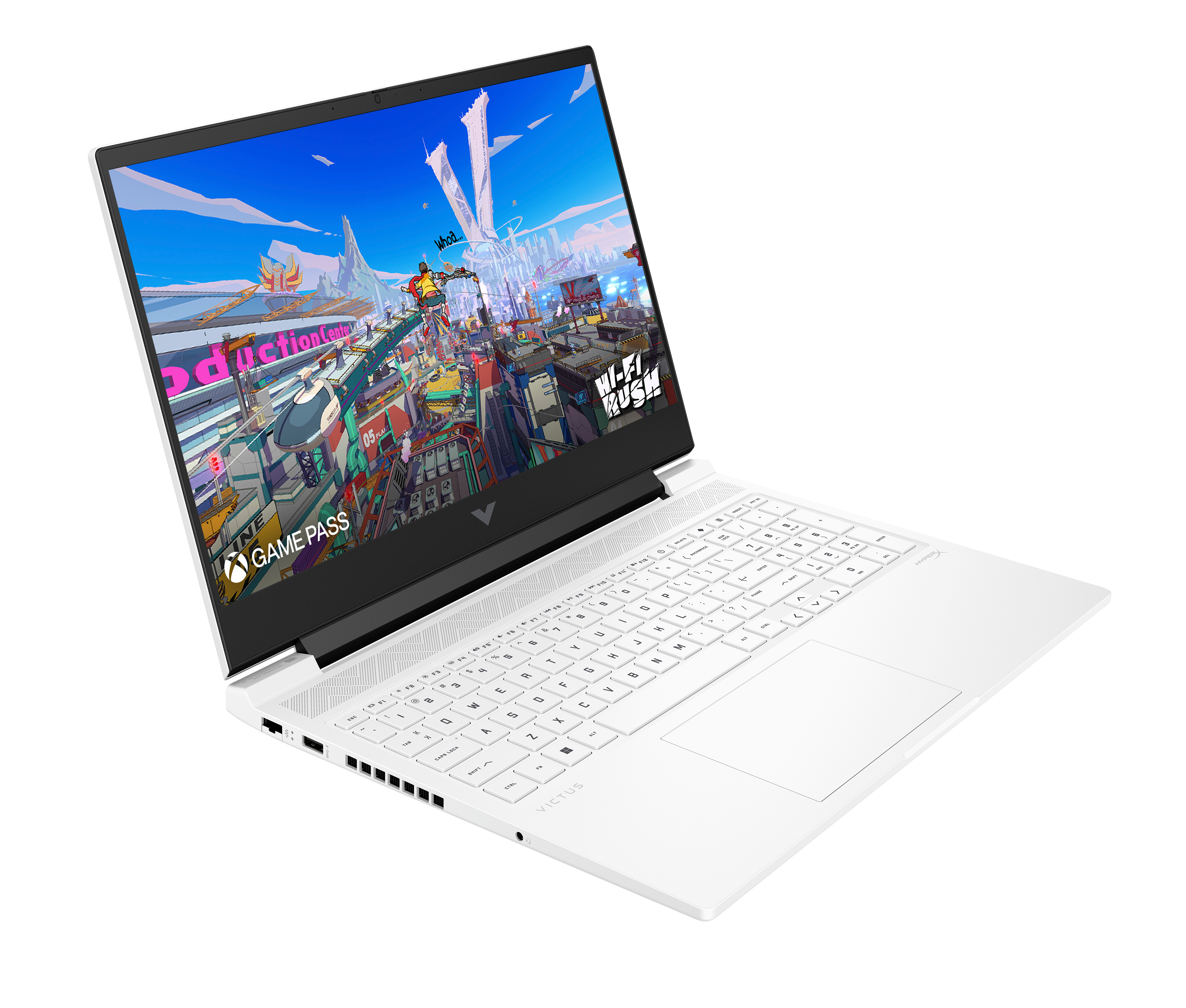 Biały laptop wyświetla kolorową scenę gry. Ma klawiaturę i jest na białej powierzchni.