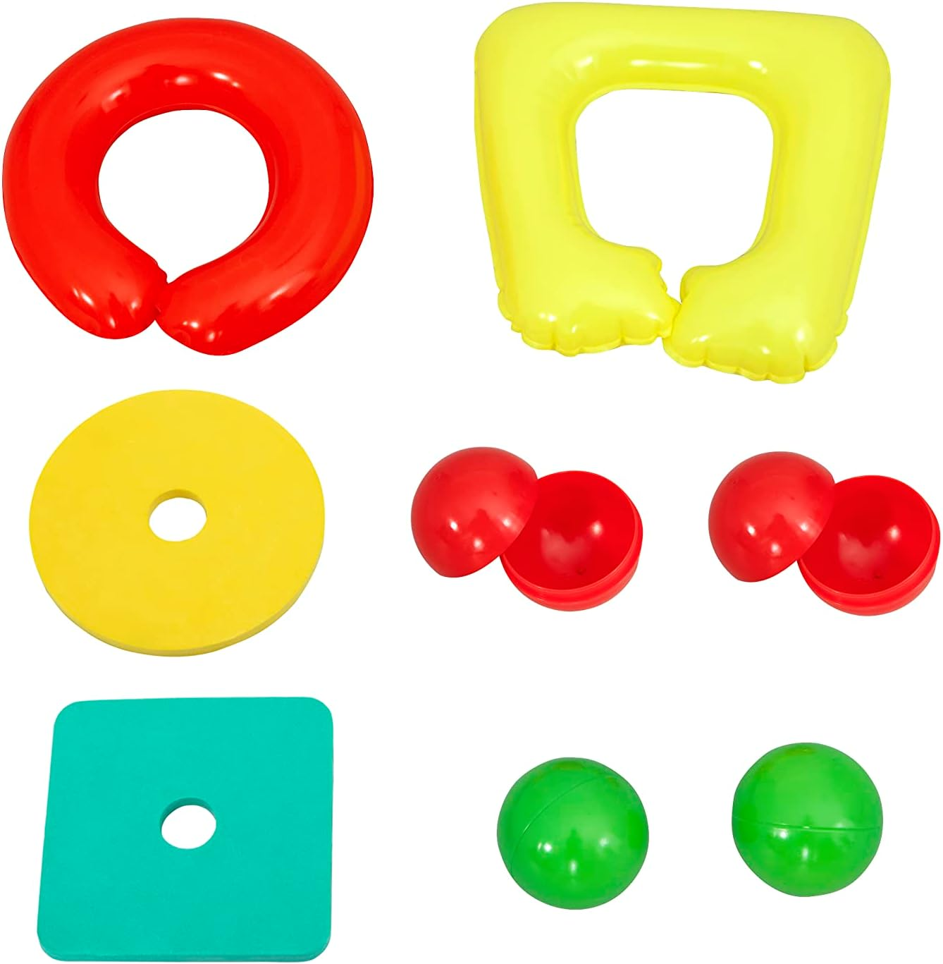Vari giocattoli colorati su sfondo bianco. Include anello rosso, forma a U gialla, cerchio giallo, semisfere rosse, palline verdi e quadrato blu.