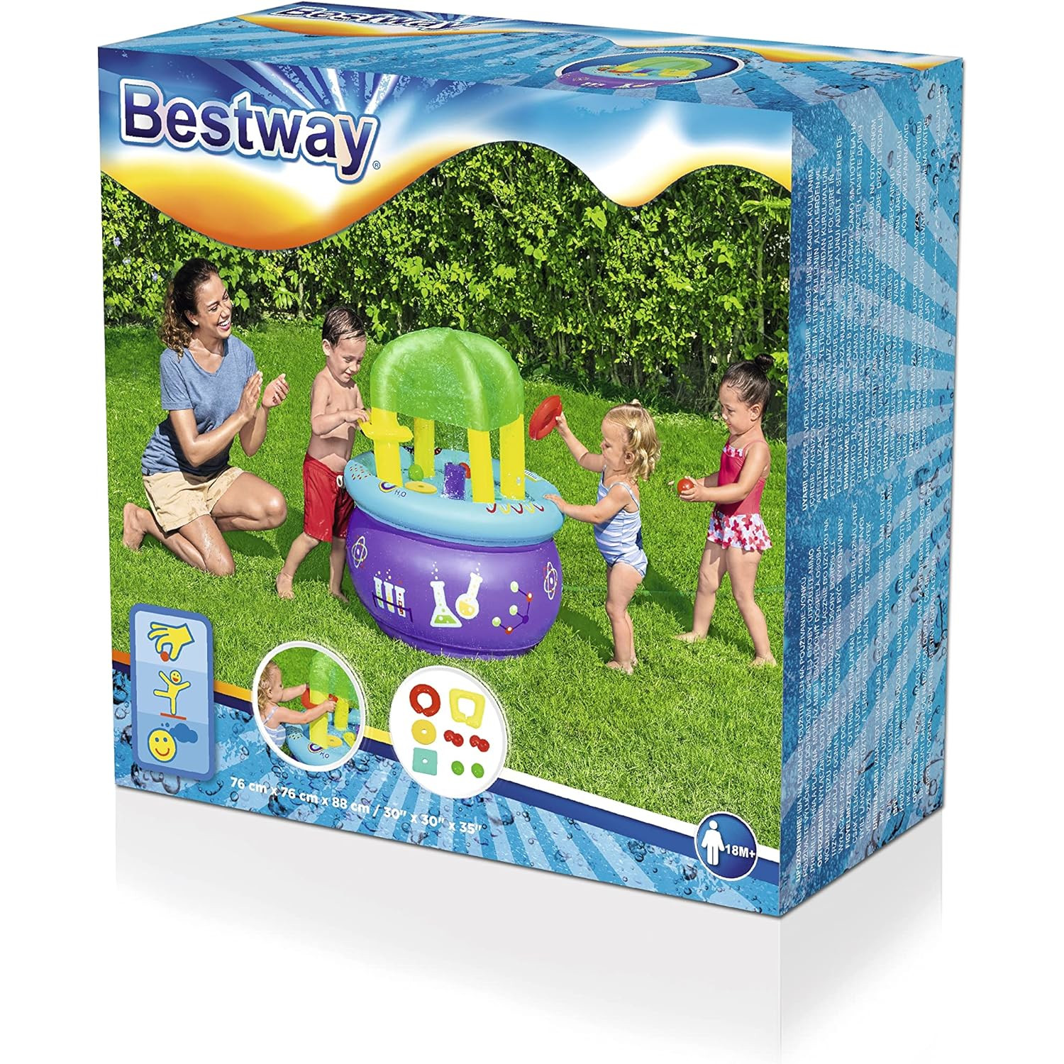 La scatola mostra bambini che giocano con un giocattolo acquatico Bestway. Una donna e dei bambini giocano in un cortile erboso. La scatola è blu.