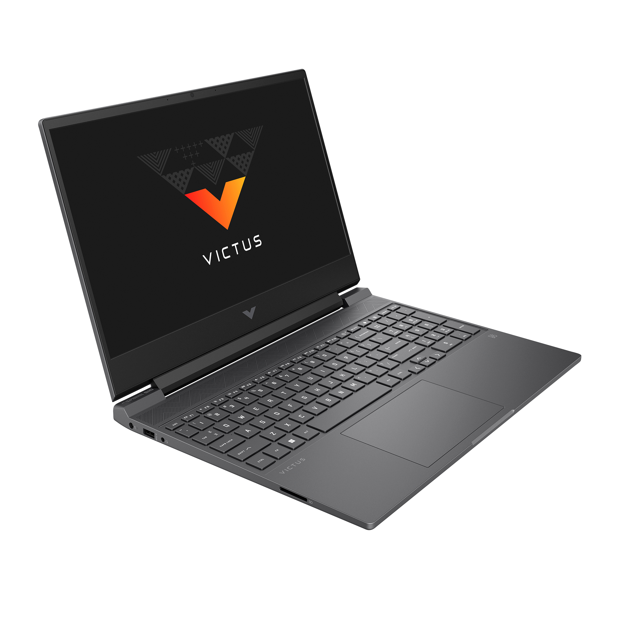 Szary laptop Victus jest otwarty na białym tle. Ekran wyświetla logo Victus. Klawiatura jest widoczna.