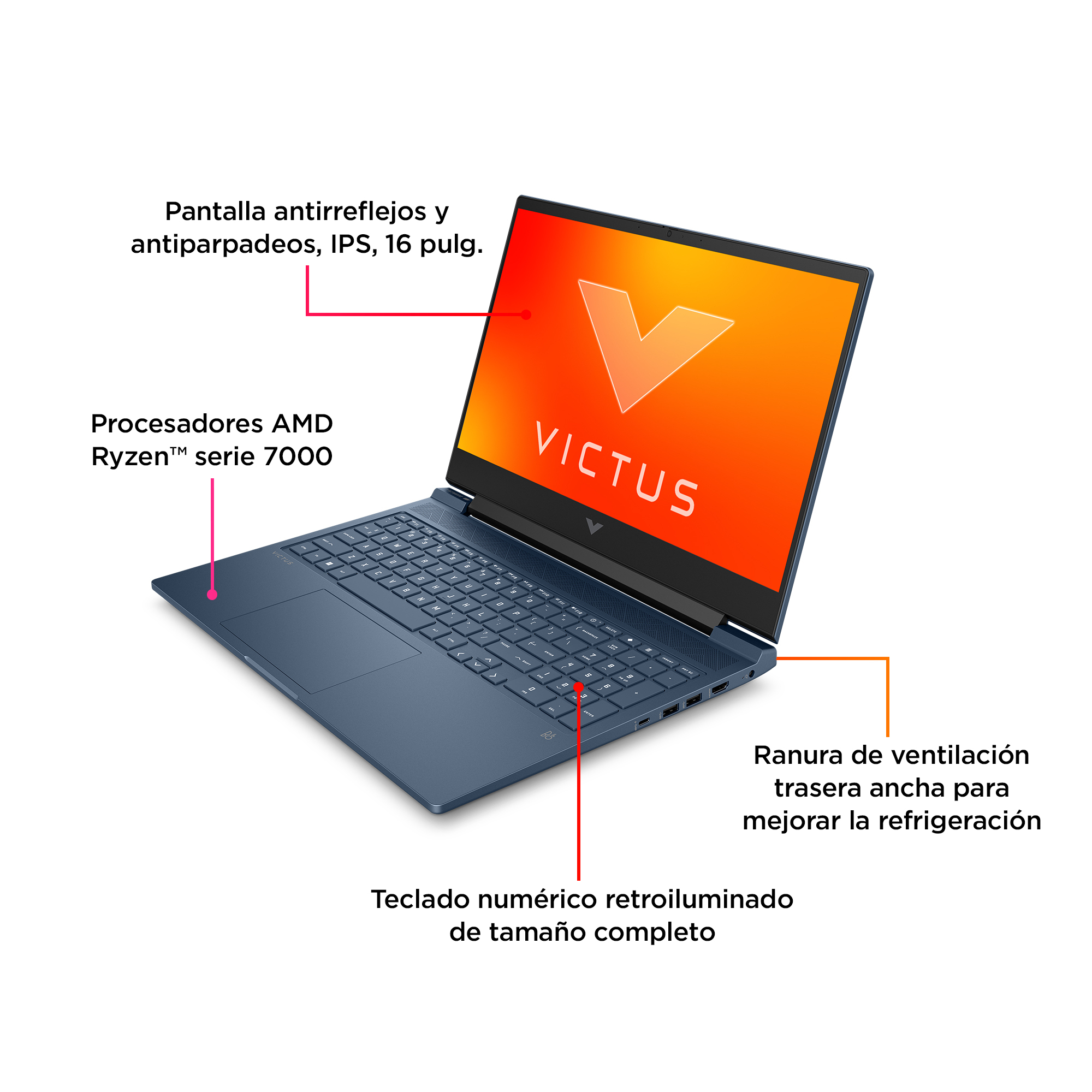 Wyświetlany jest niebieski laptop Victus. Ma duży ekran z logo Victus. Cechy obejmują procesory AMD Ryzen i podświetlaną klawiaturę.
