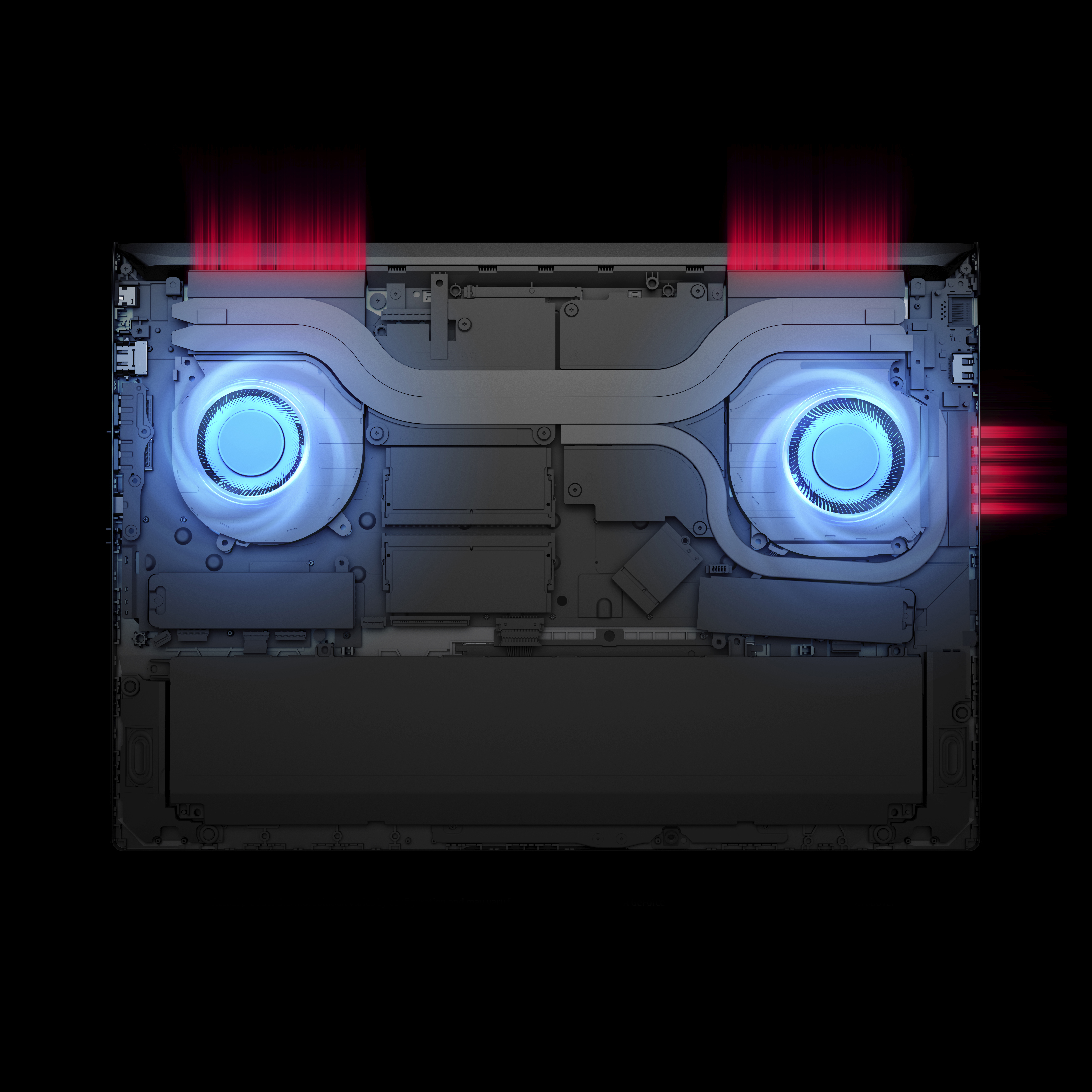 Przekrój komponentów wewnętrznych laptopa. Dwa wentylatory z niebieskim światłem, czerwone wiązki światła i różne elementy.