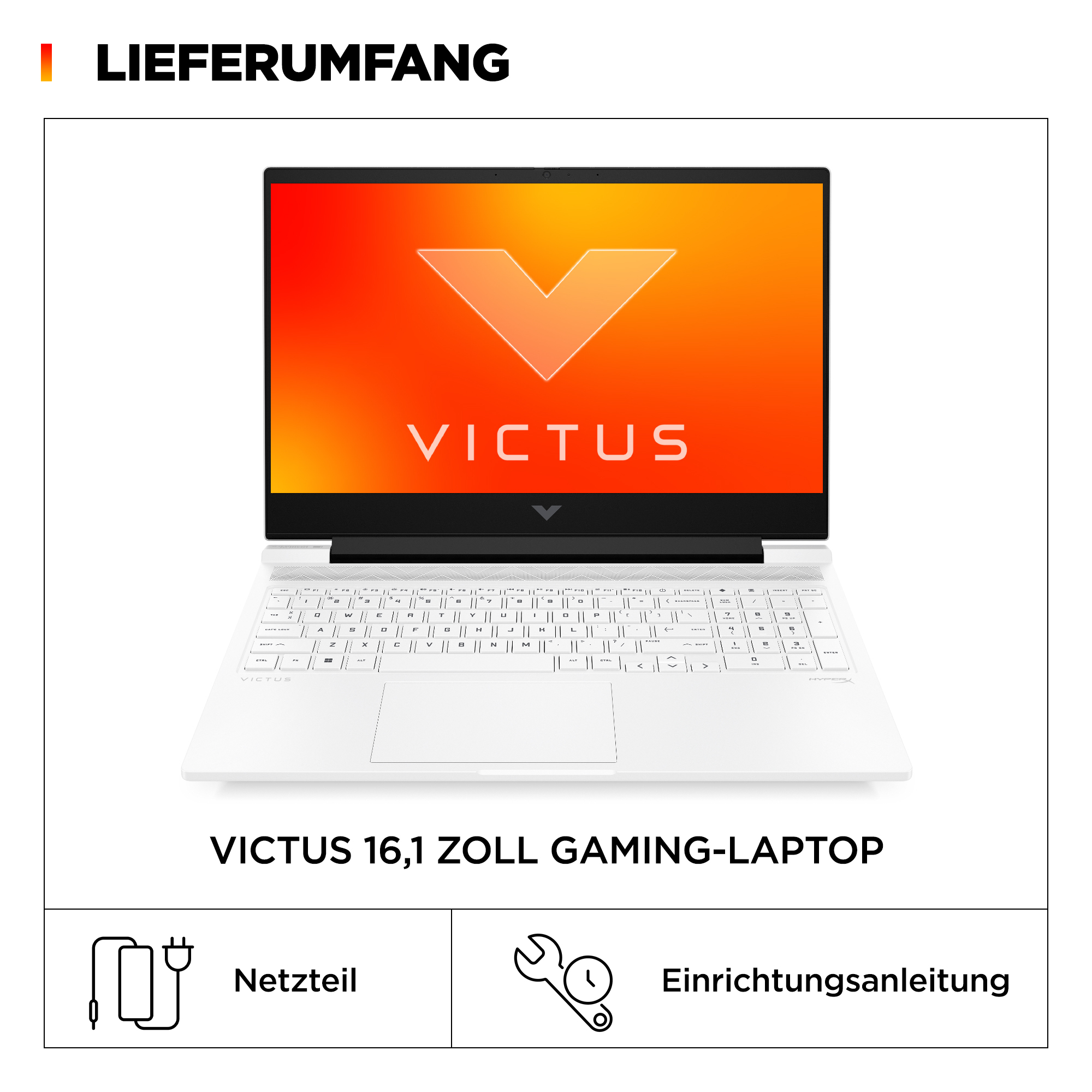 Weißer Victus Gaming-Laptop mit orangefarbenem Bildschirm, Tastatur und Zubehör. Enthält Netzteil und Einrichtungsanleitung.