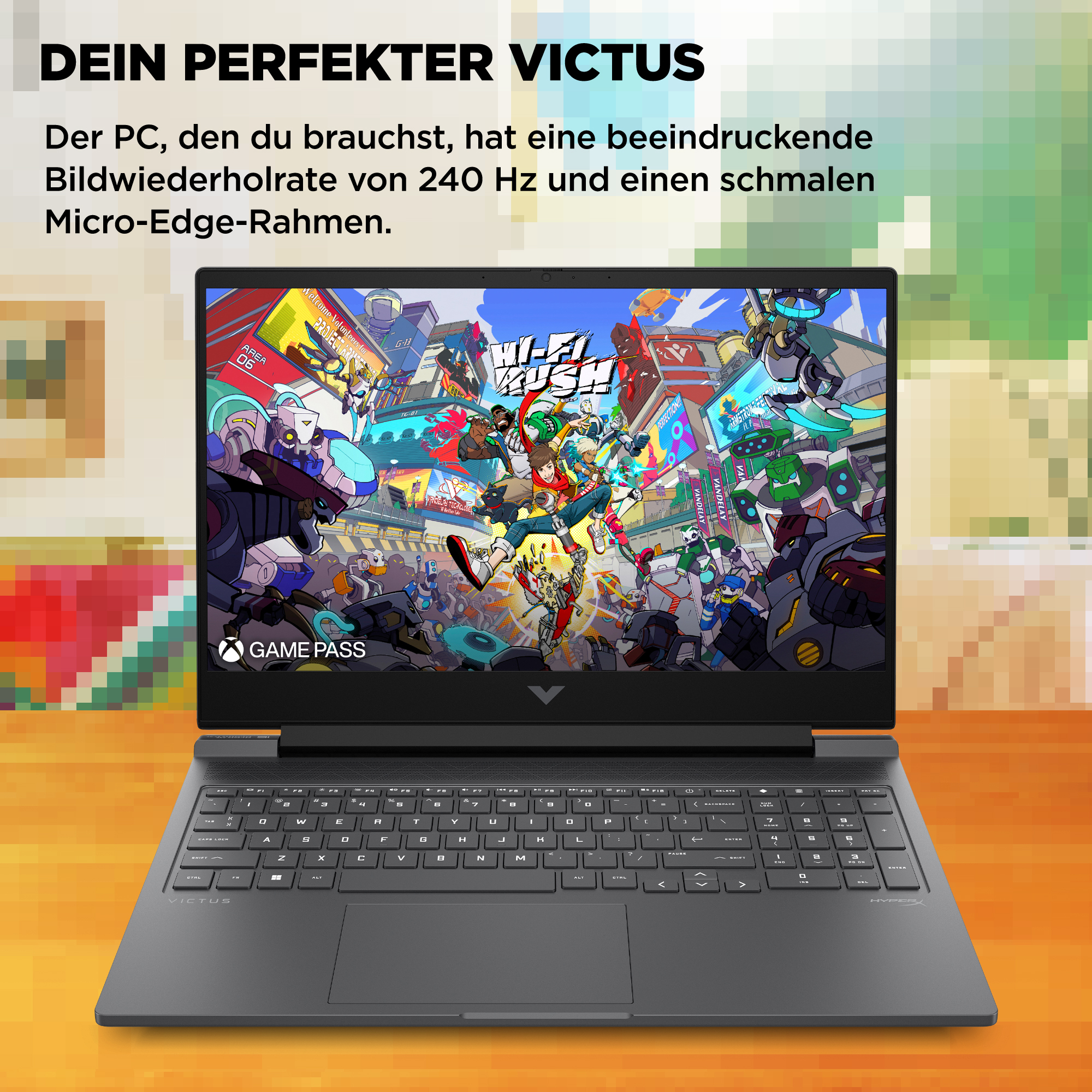Ein Laptop zeigt ein farbenfrohes Spiel. Die Tastatur ist sichtbar. Der Hintergrund enthält Text und ein pixeliges Design.