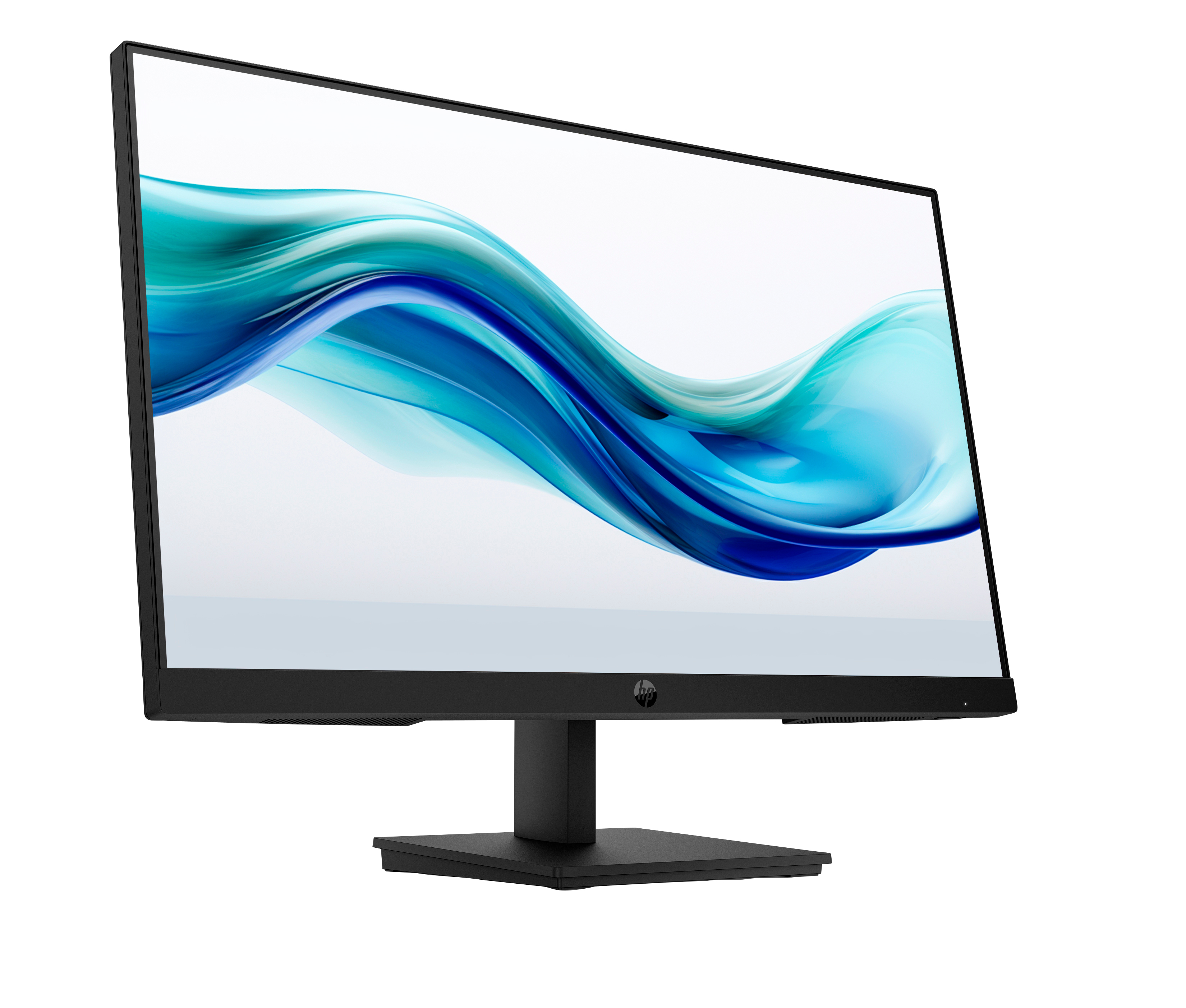 Un monitor HP nero mostra un design astratto blu e verde. Ha un supporto nero e uno sfondo bianco.