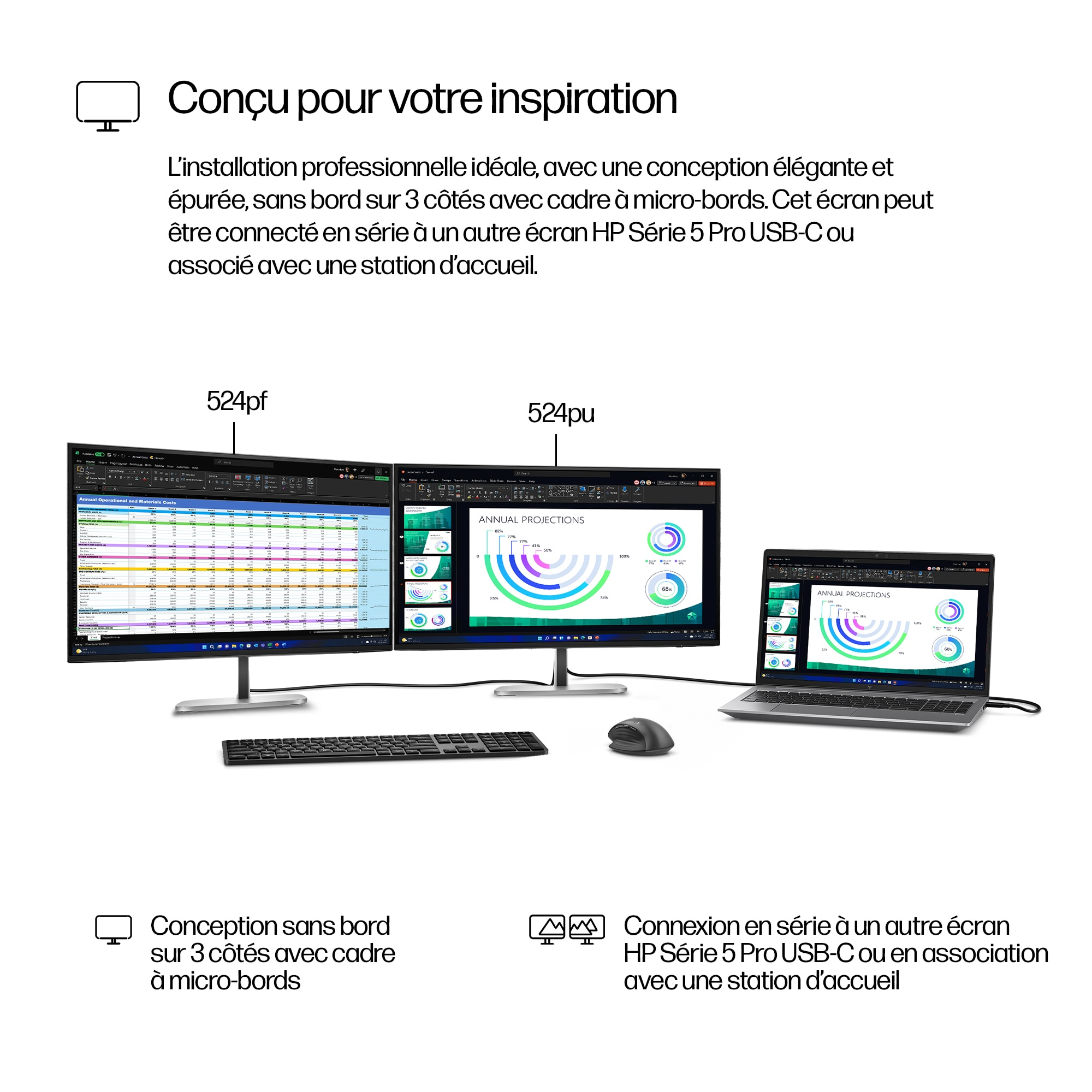 Three screens are shown. Two monitors display spreadsheets and charts. A laptop shows similar data. A mouse and keyboard are present.