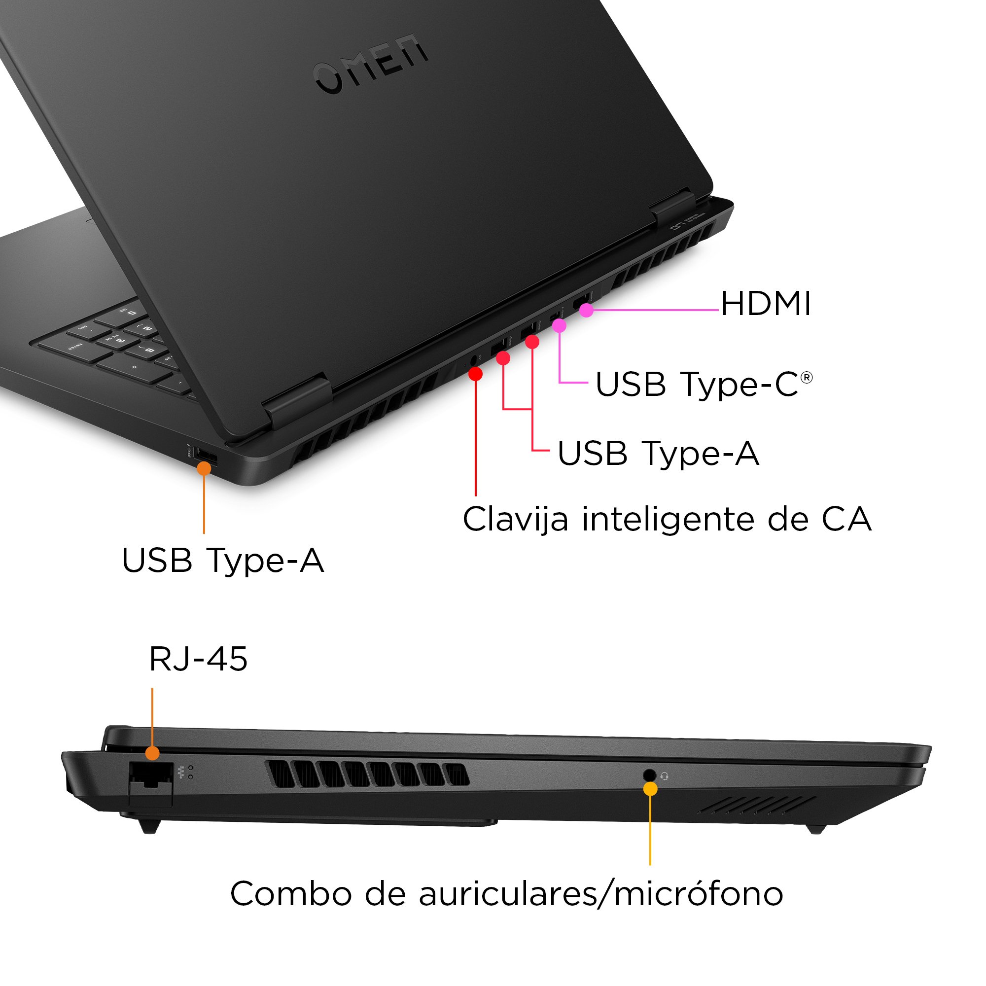 Czarny laptop z portami: HDMI, USB Type-C, USB Type-A, RJ-45 i combo audio.