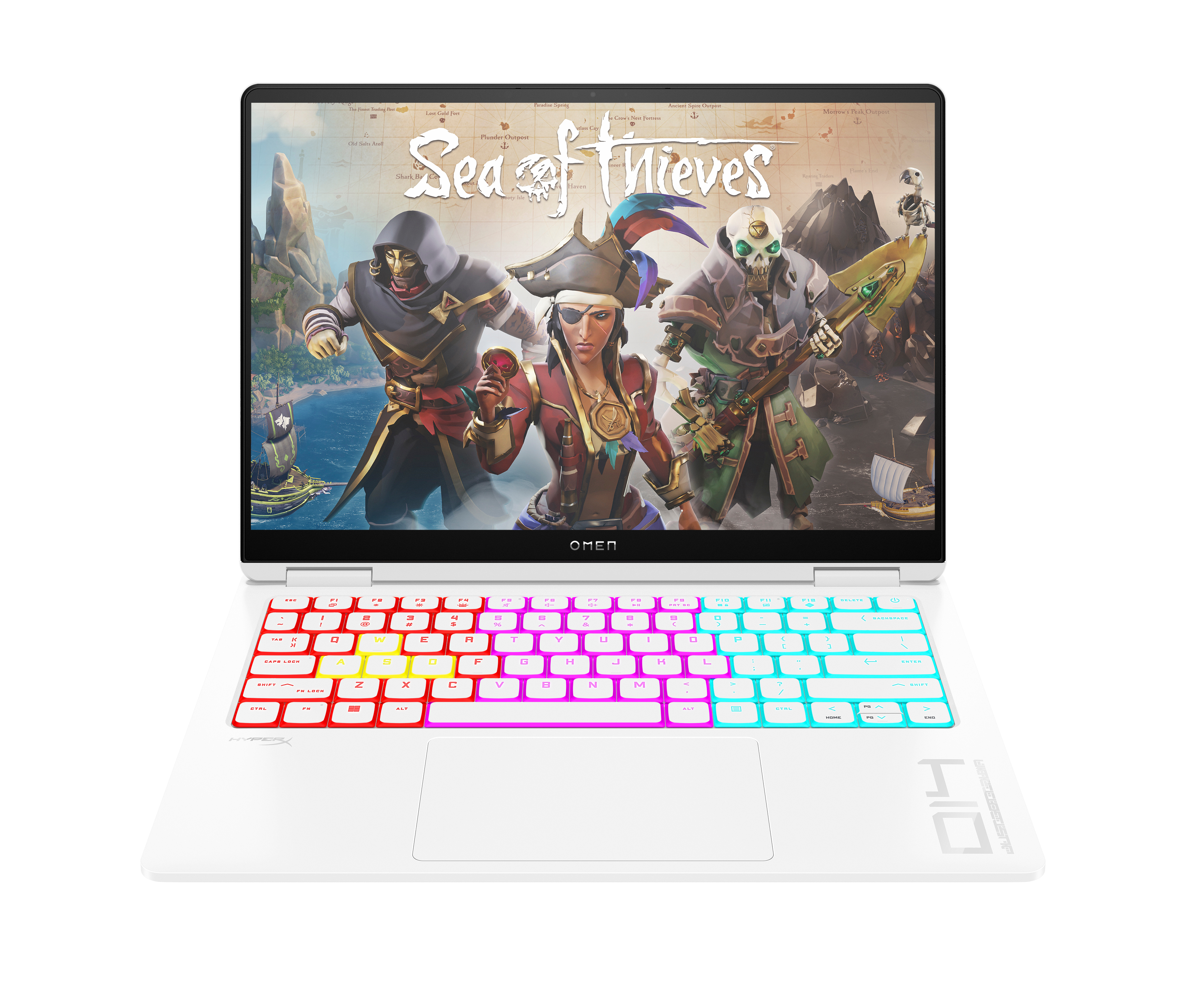 Biały laptop Omen z grą 'Sea of Thieves' na ekranie. Klawiatura jest podświetlana kolorowymi światłami.