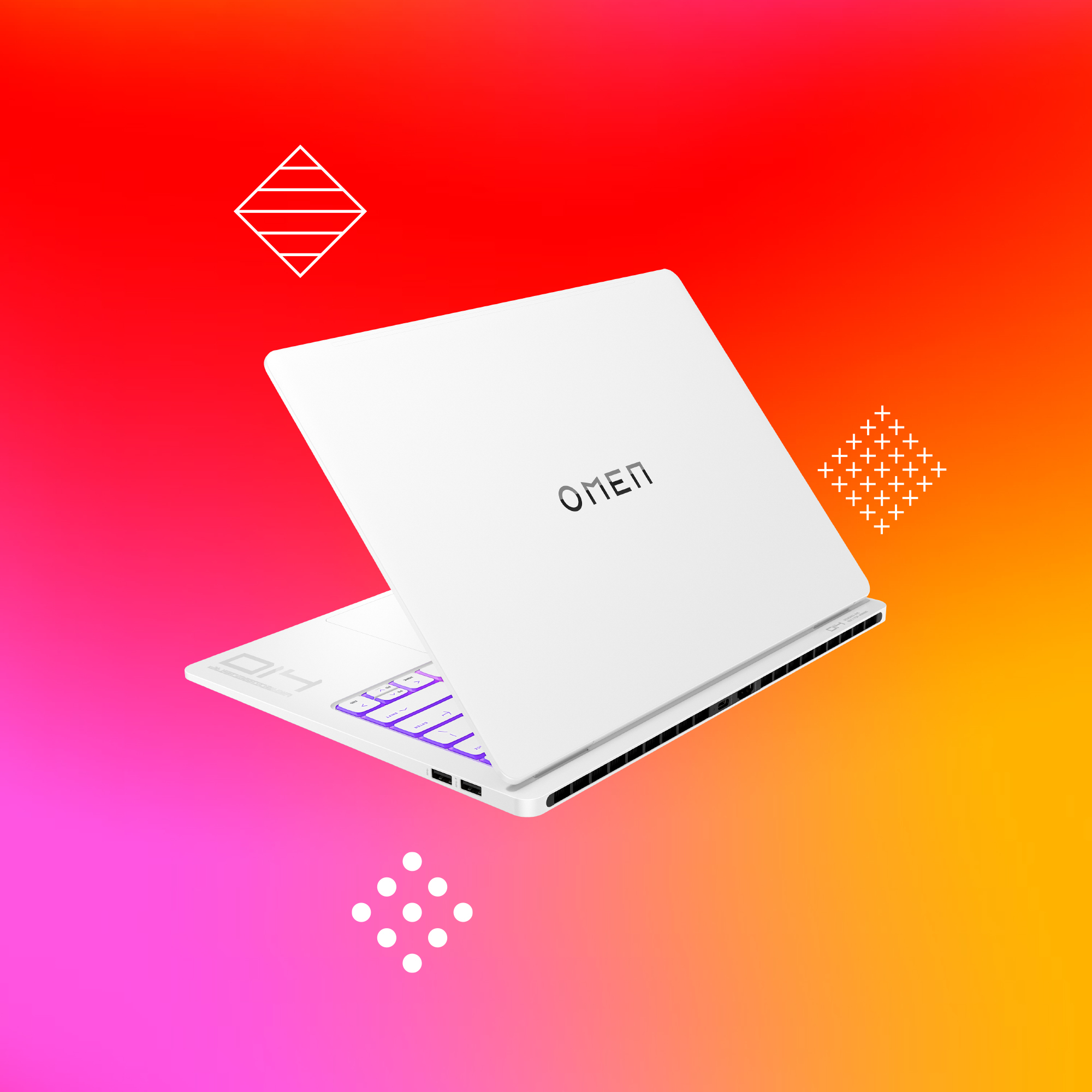 Biały laptop OMEN na gradientowym tle. Klawiatura podświetlona na fioletowo. Obecne kształty geometryczne.
