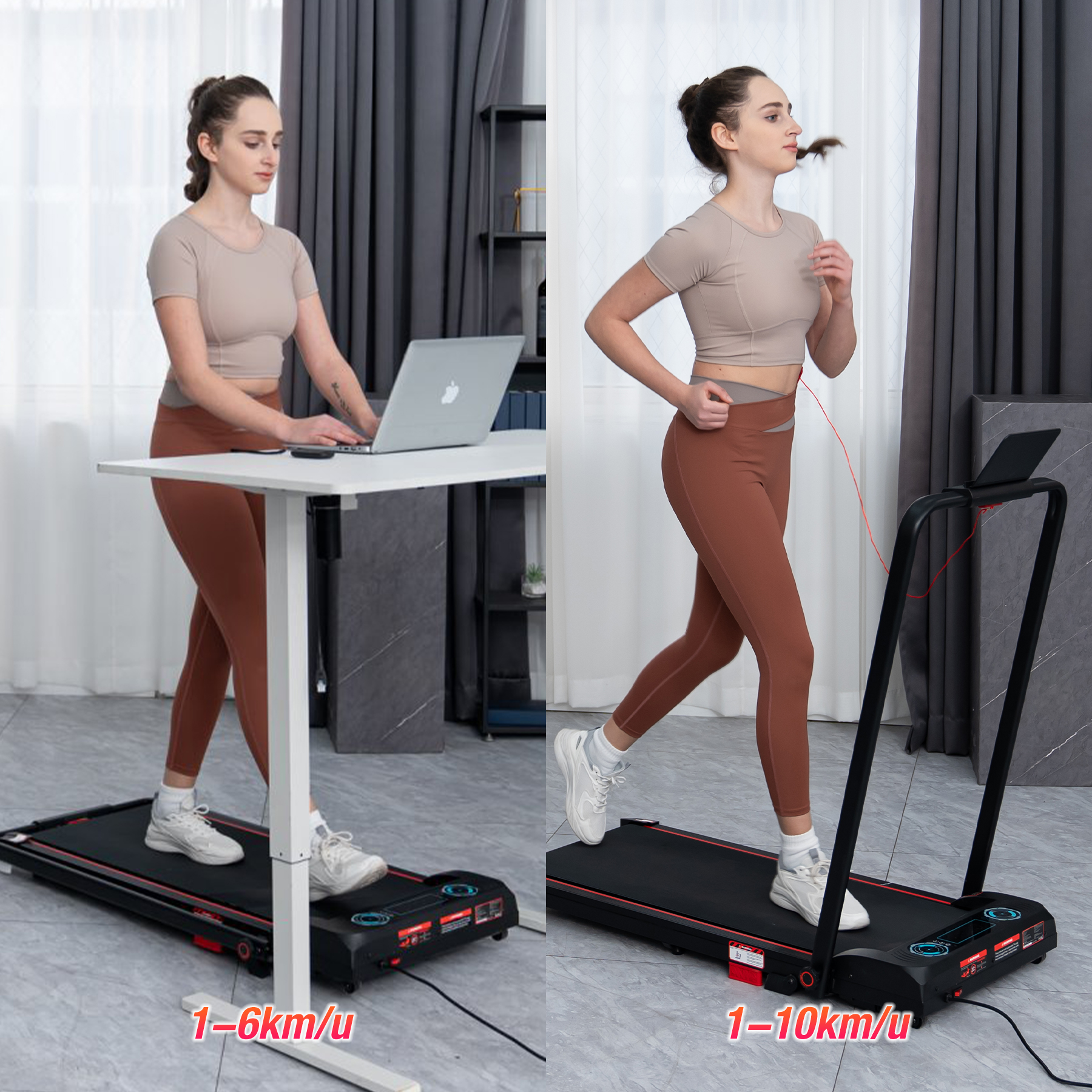 Woman uses a treadmill with a laptop. Another woman runs on a treadmill. Both wear leggings and sneakers.