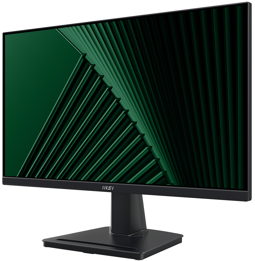 Un monitor de computadora negro muestra un patrón abstracto verde oscuro. El monitor está sobre un soporte negro.