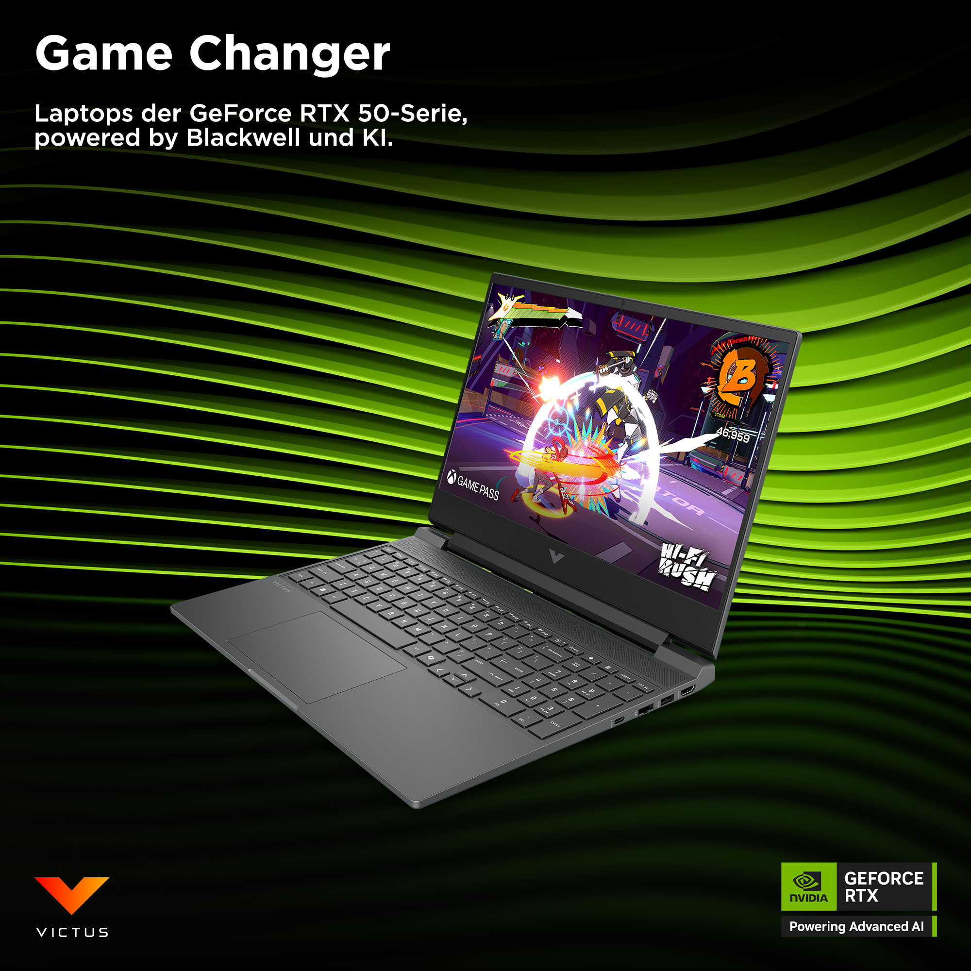 Laptop wyświetla scenę z gry. Zielone tło z liniami. Tekst mówi 'Game Changer' i 'GeForce RTX'.