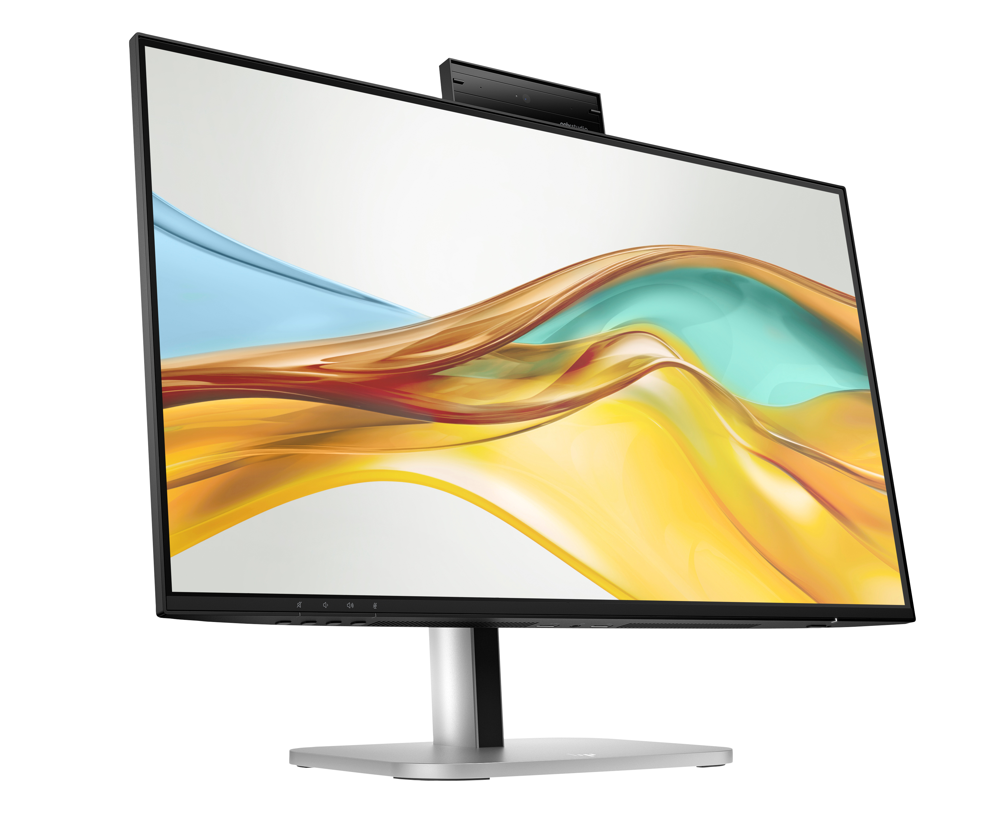 Un monitor per computer con schermo curvo. Ha una cornice nera e un supporto argentato. Il display mostra forme astratte.