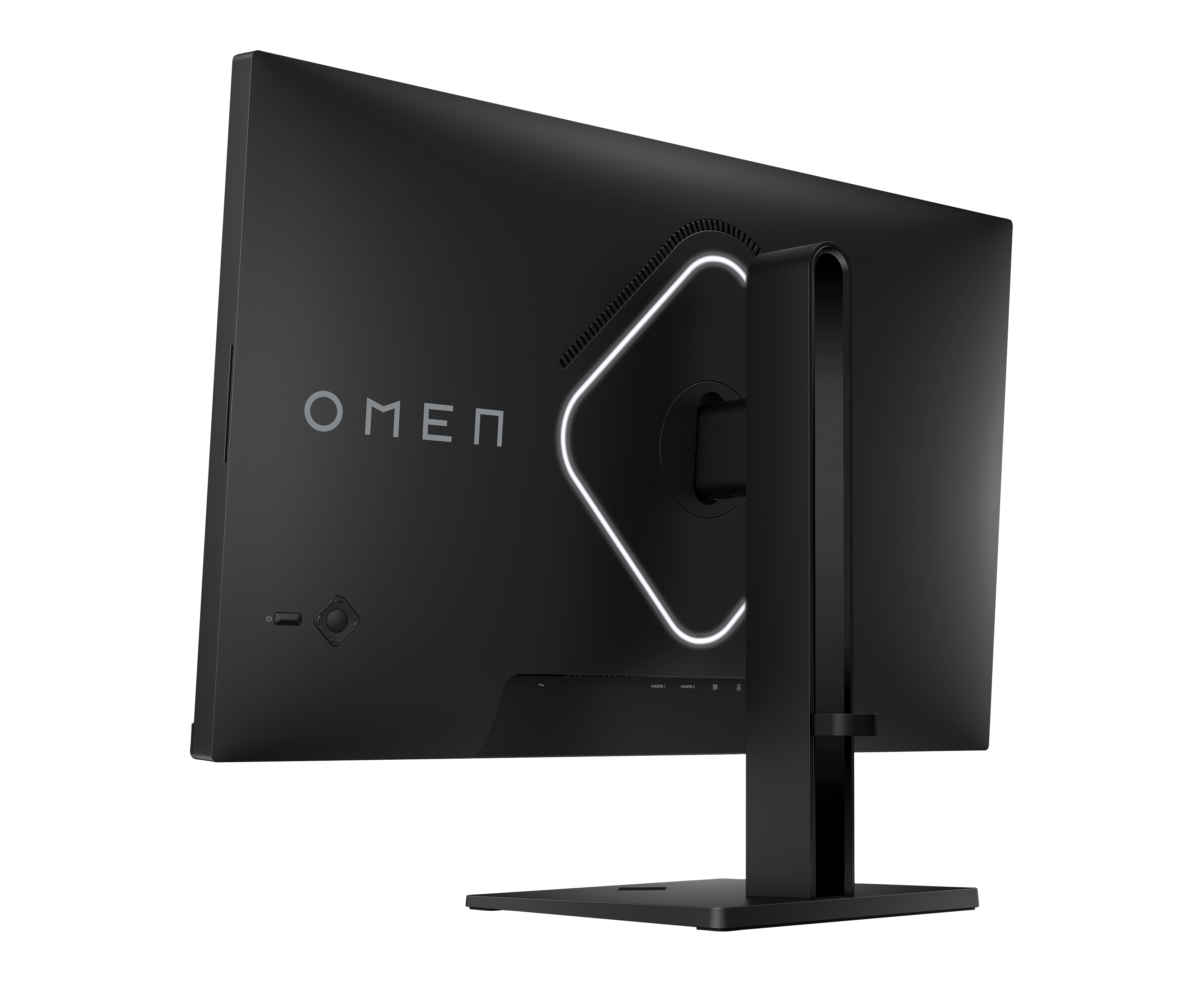 Monitor de ordenador OMEN negro. Tiene un diseño brillante blanco en la parte trasera. El soporte es negro.