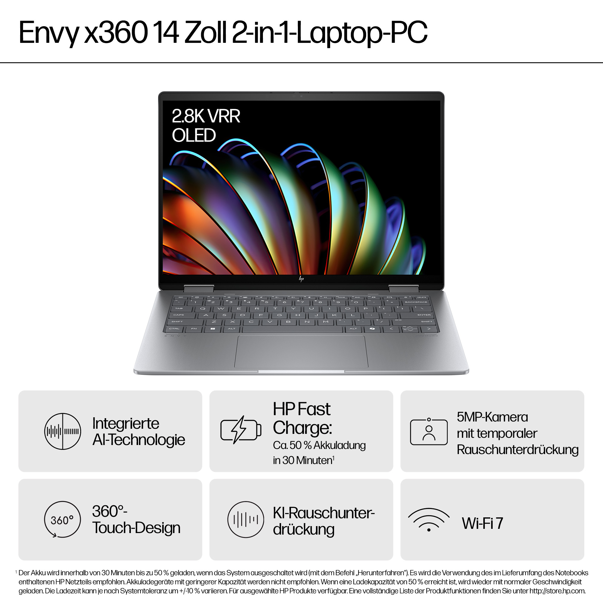 Srebrny laptop, HP Envy x360, z ekranem wyświetlającym kolorowy, abstrakcyjny wzór i ikony funkcji.
