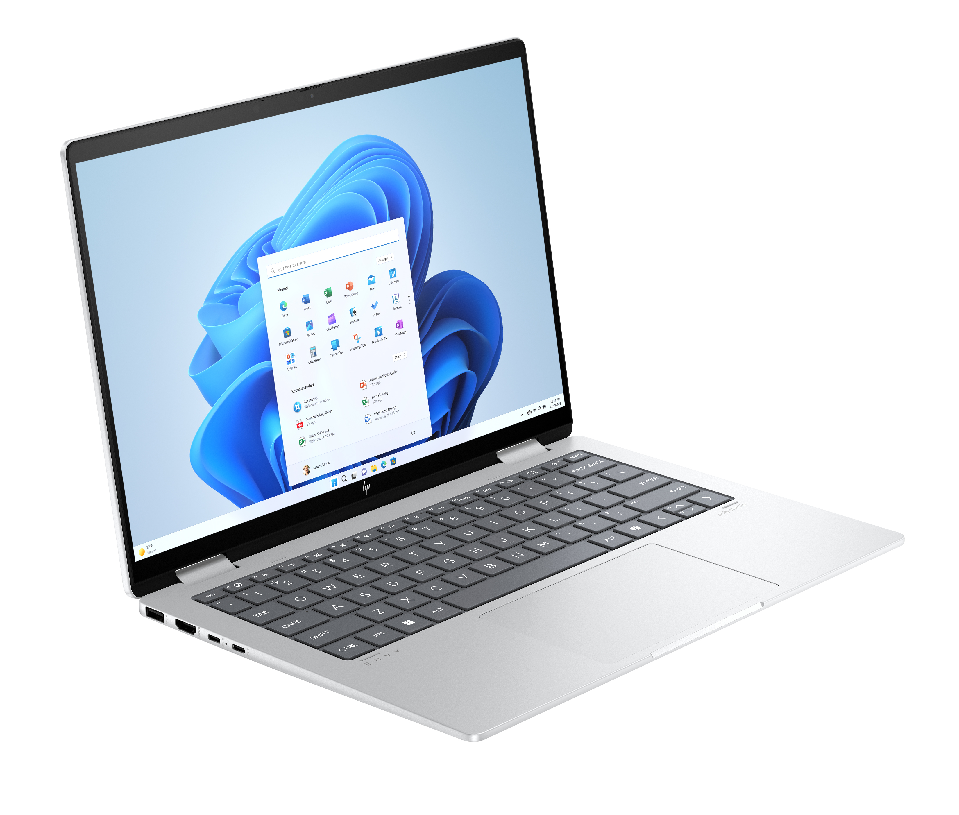 Srebrny laptop HP jest otwarty, wyświetlając interfejs Windows 11. Ekran pokazuje ikony aplikacji.