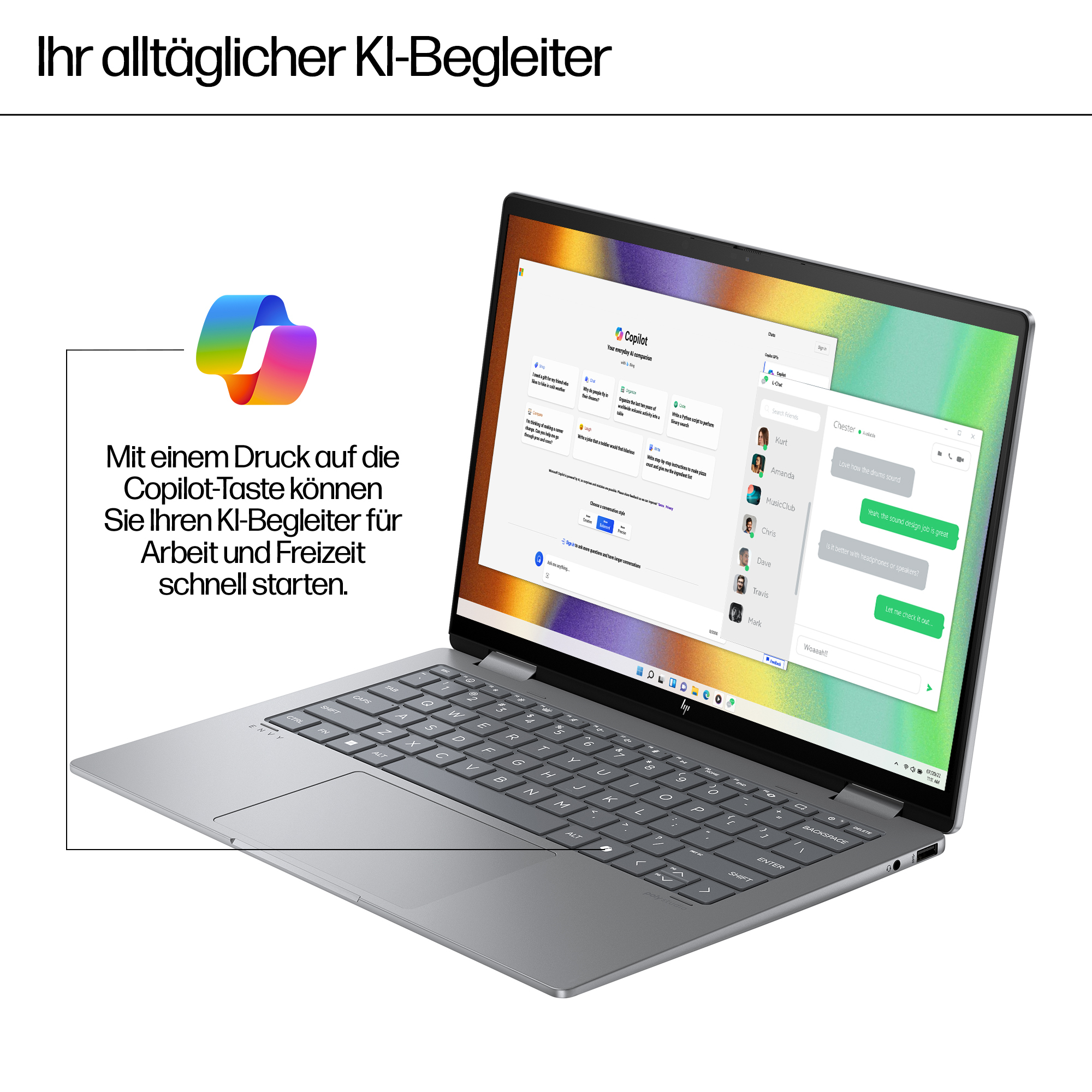 Laptop wyświetla interfejs Copilot. Kolorowe logo po lewej stronie. Tekst w języku niemieckim: 'Twój codzienny towarzysz AI'.