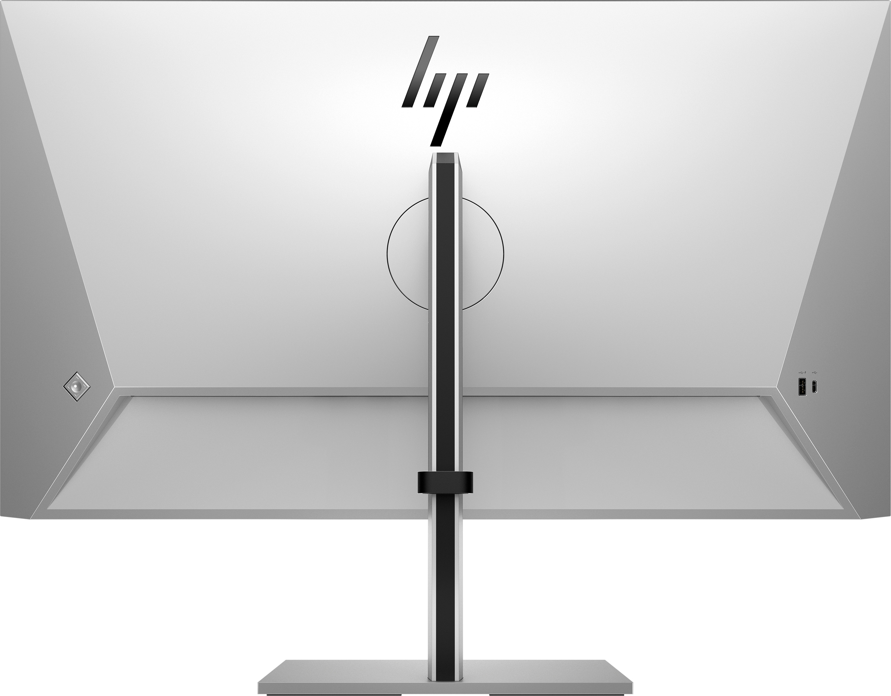 Widok z tyłu srebrnego monitora HP. Ma czarną podstawę, a logo HP jest widoczne u góry.