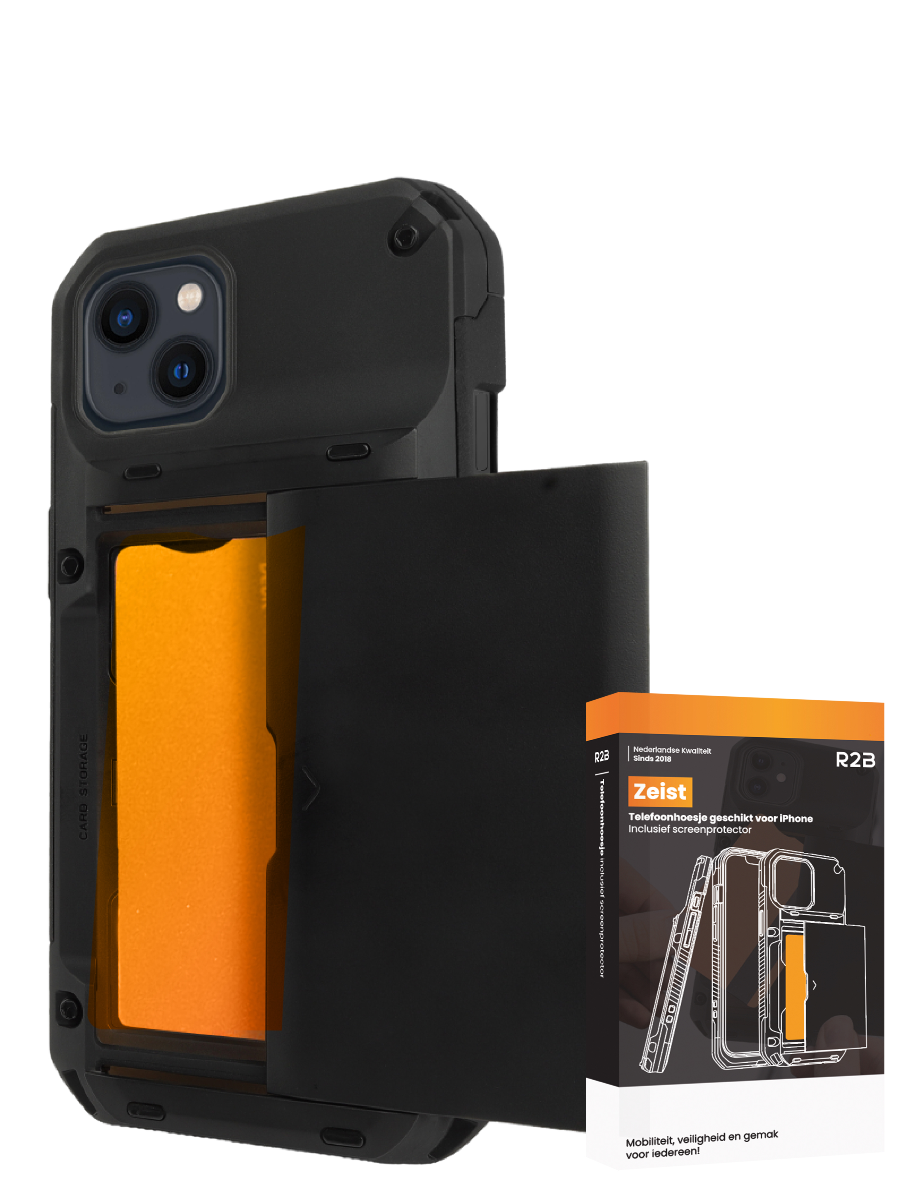 Coque noire avec fente pour cartes, intérieur orange et une boîte avec illustration de coque. Texte : 'Zeist'.