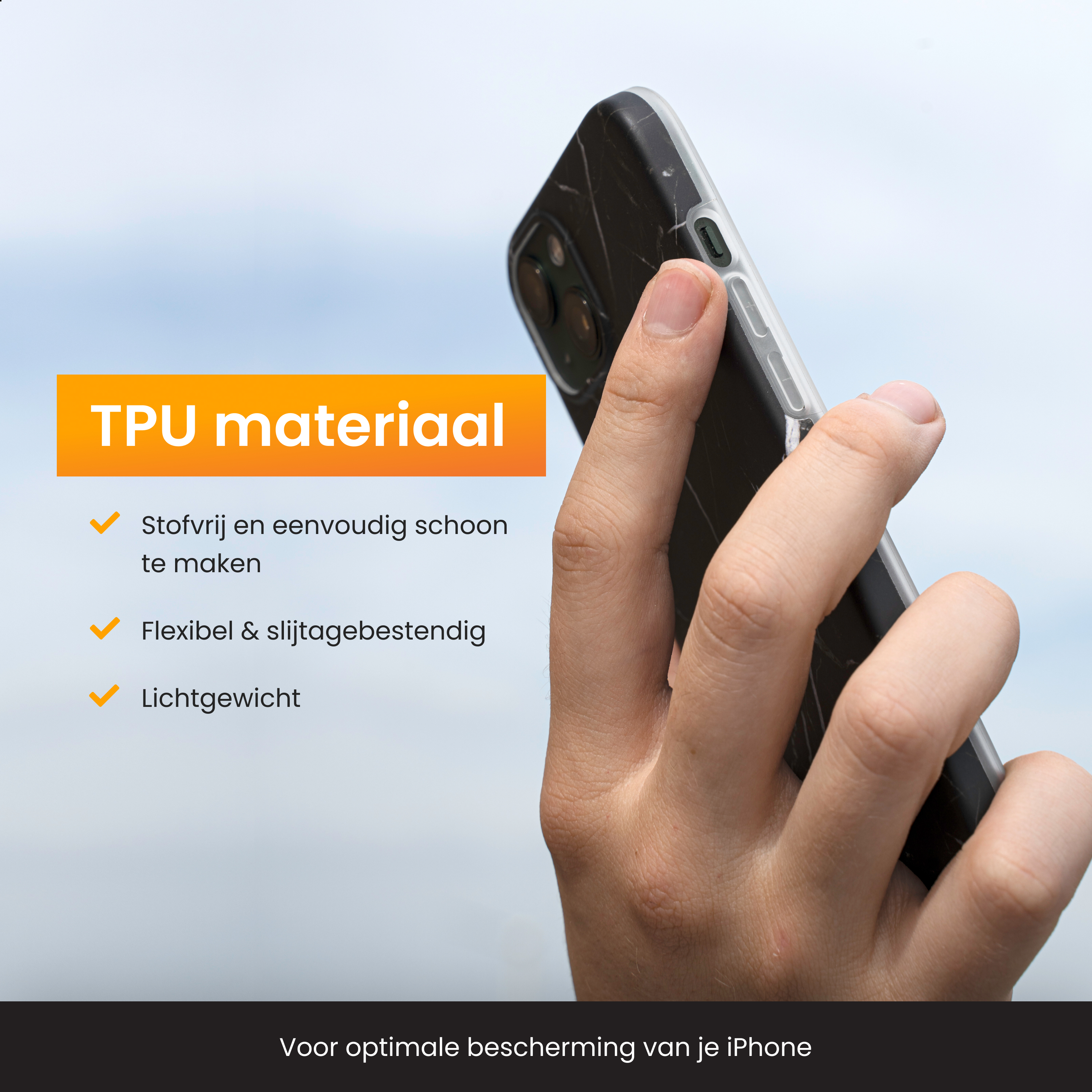 Hand holding a phone in a case, text about the case's features, including being dust-free, flexible, and lightweight.