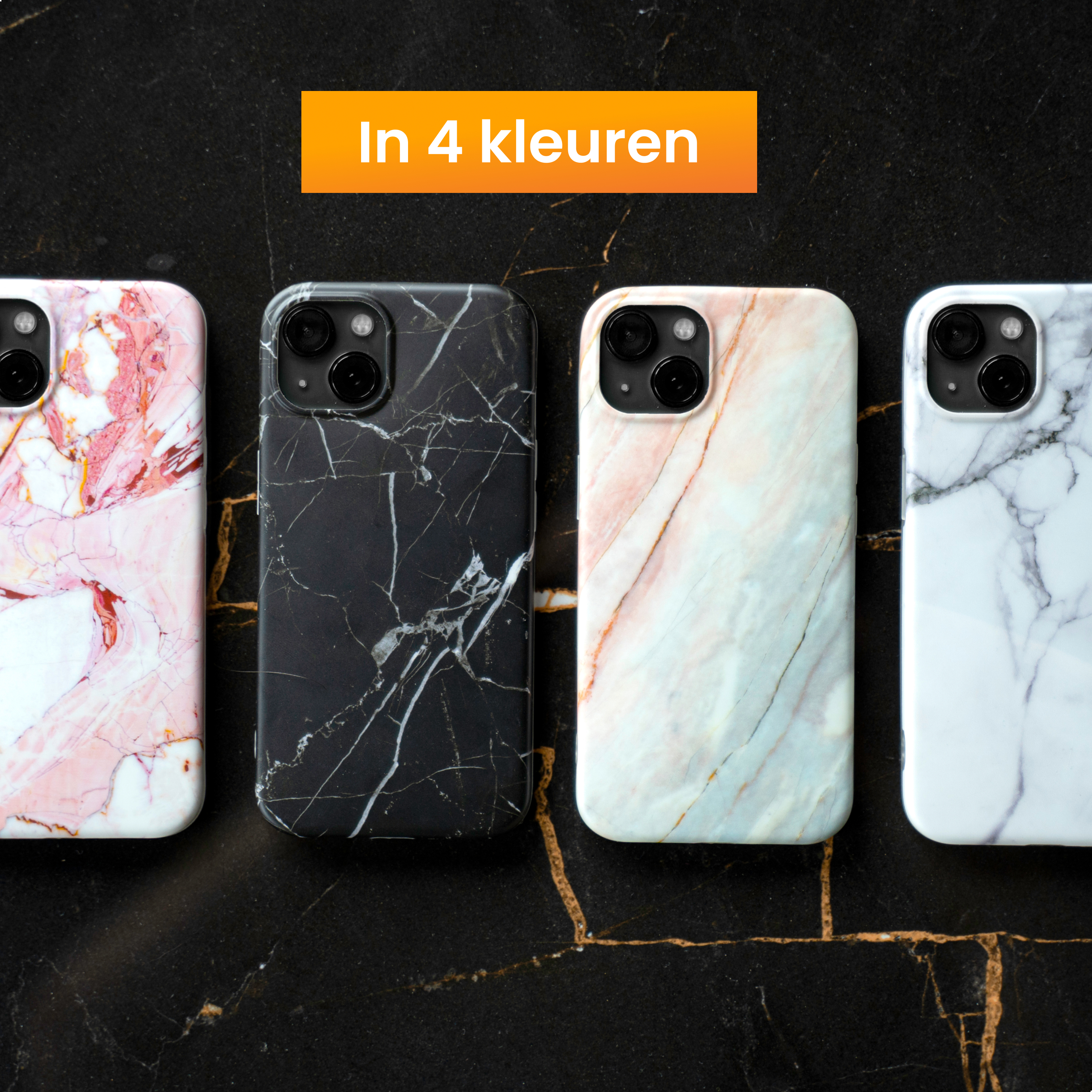 Four phone cases with marble designs are displayed on a black surface. An orange banner reads 'In 4 colors'.