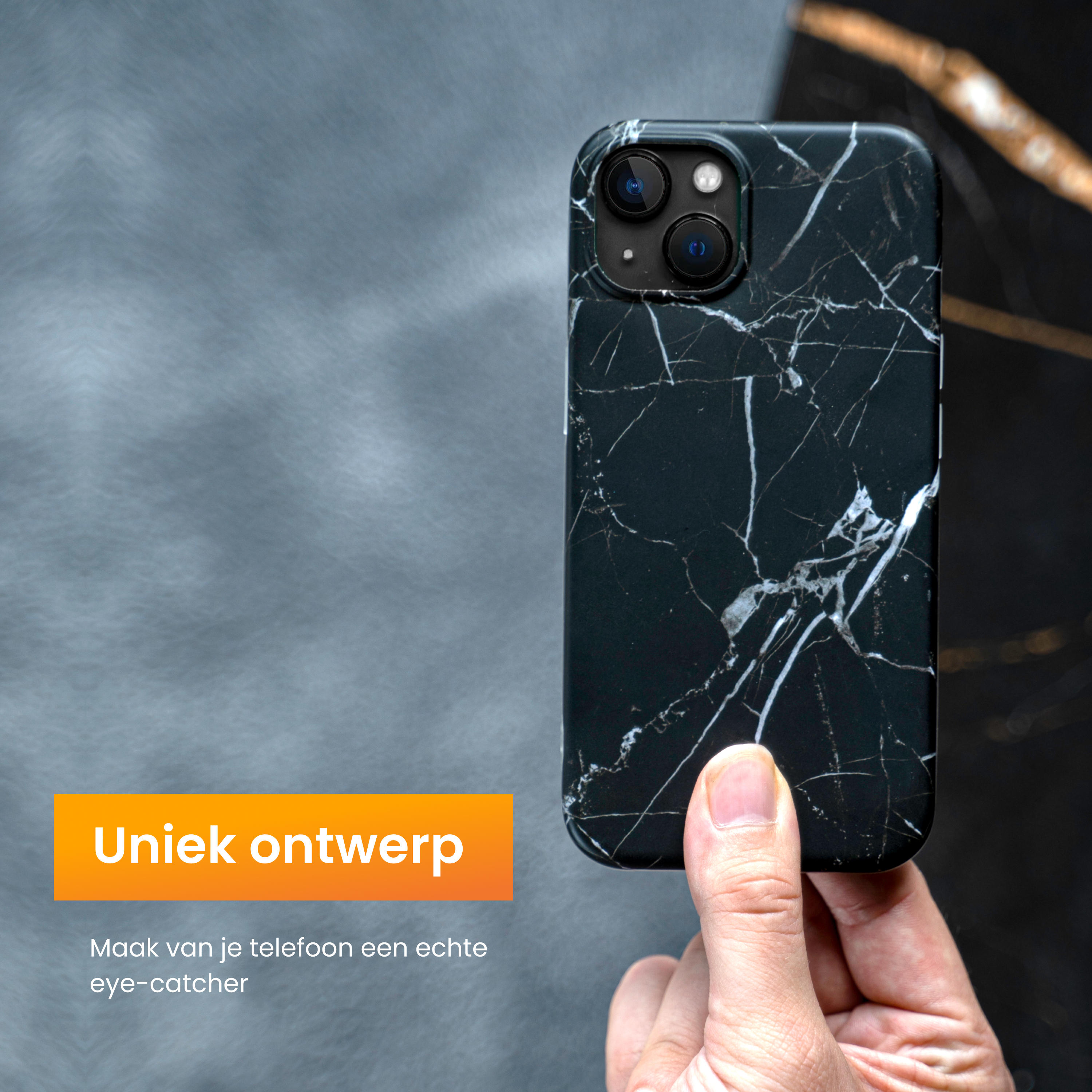 A hand holds a black phone case with white veining. Background is dark and grey. An orange banner says 'Unique design'.