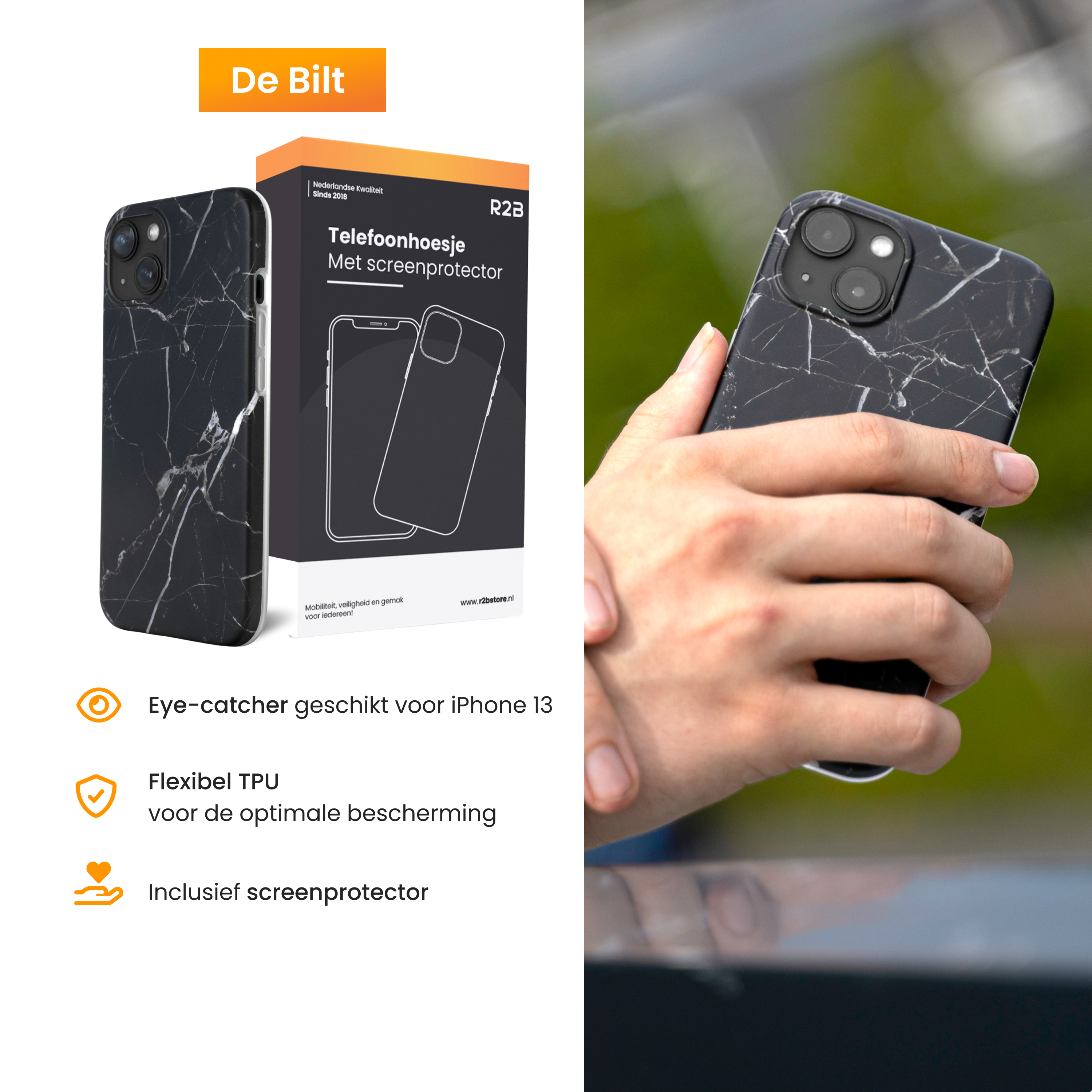 De afbeelding toont een telefoonhoesje met een marmerontwerp. Een hand houdt de telefoon vast. Het product wordt getoond met een doos.