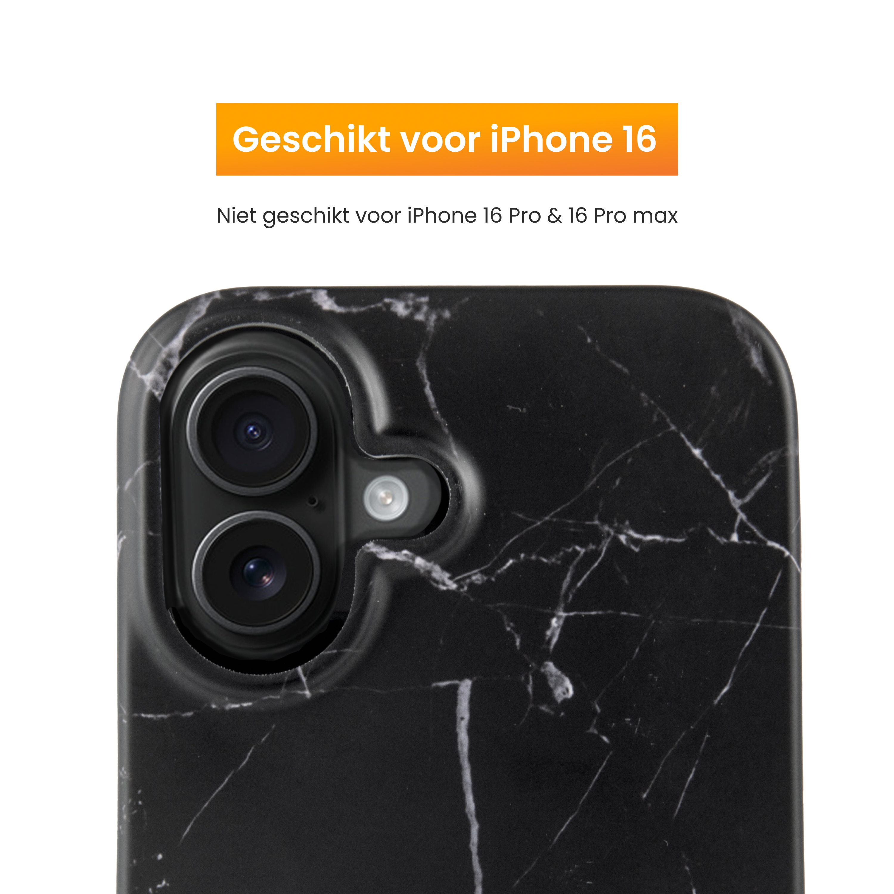 Nahaufnahme einer schwarzen Handyhülle mit weißen Adern, geeignet für iPhone 16. Die Hülle hat Kameraausschnitte und weißen Hintergrund.