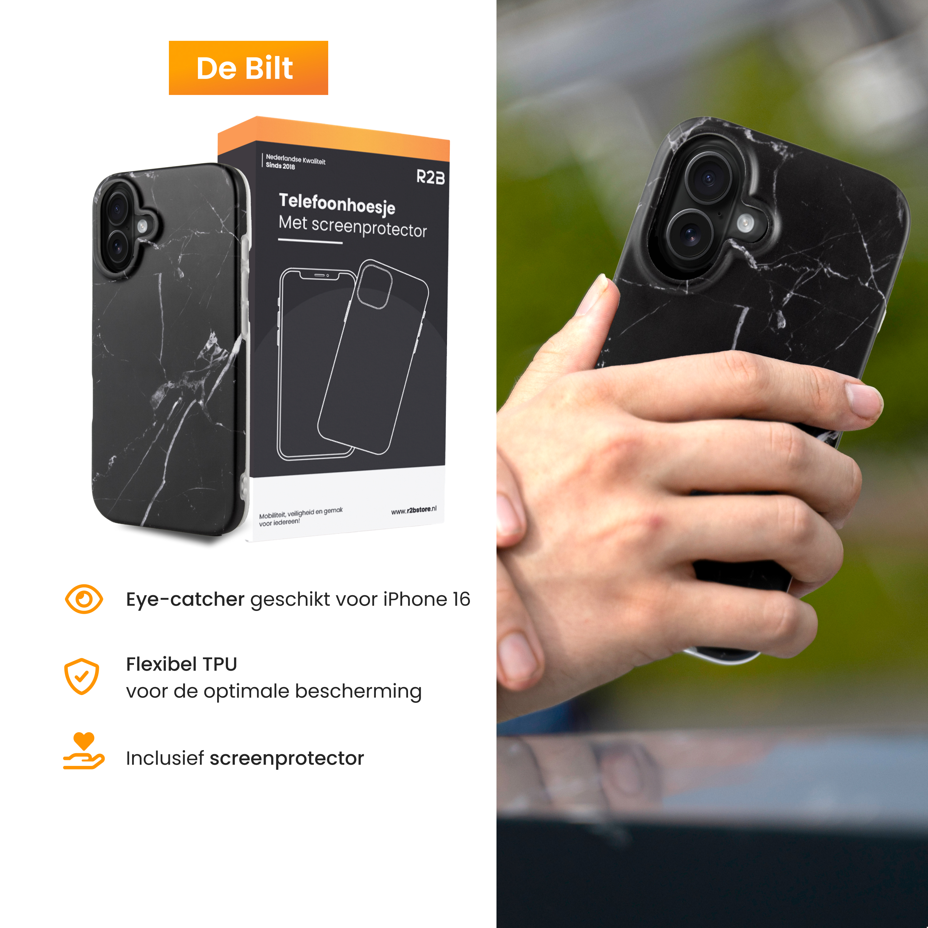 Eine Person hält eine schwarze, marmormusternde Handyhülle. Links sind eine Box und Text. Der Hintergrund ist unscharf.