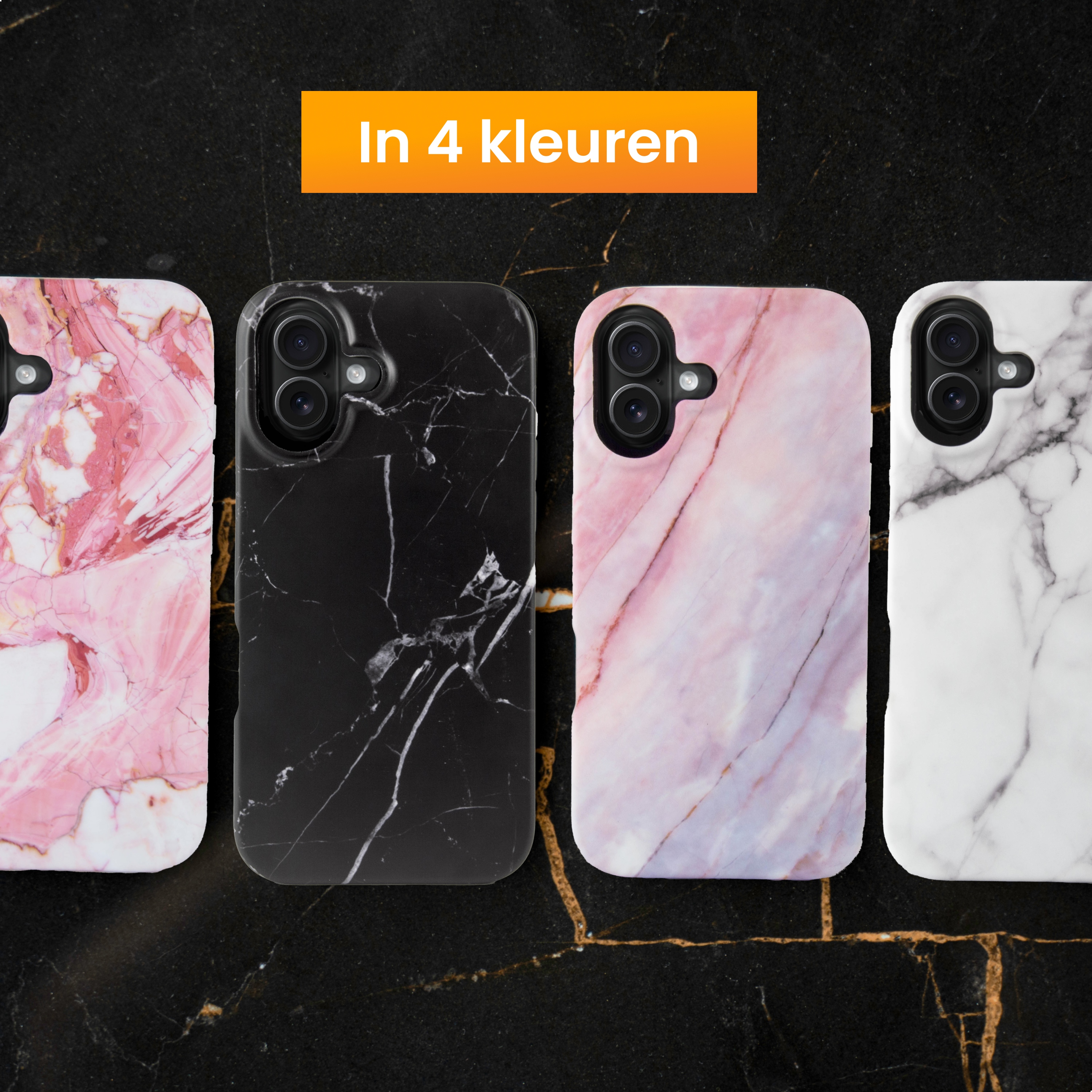 Four phone cases with marble patterns, in pink, black, purple, and white, on a black marble surface with an orange banner.