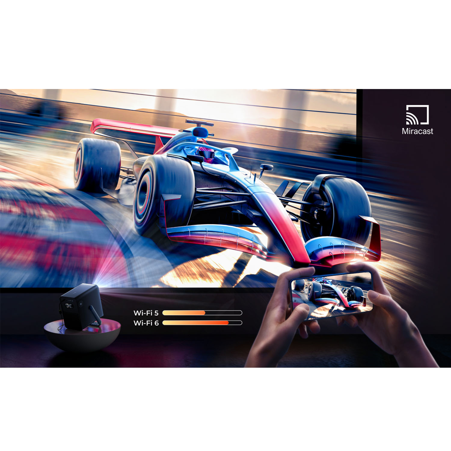 Samochód wyścigowy na torze jest wyświetlany na ekranie, odbitym z telefonu. Czarne urządzenie jest pokazane na pierwszym planie.