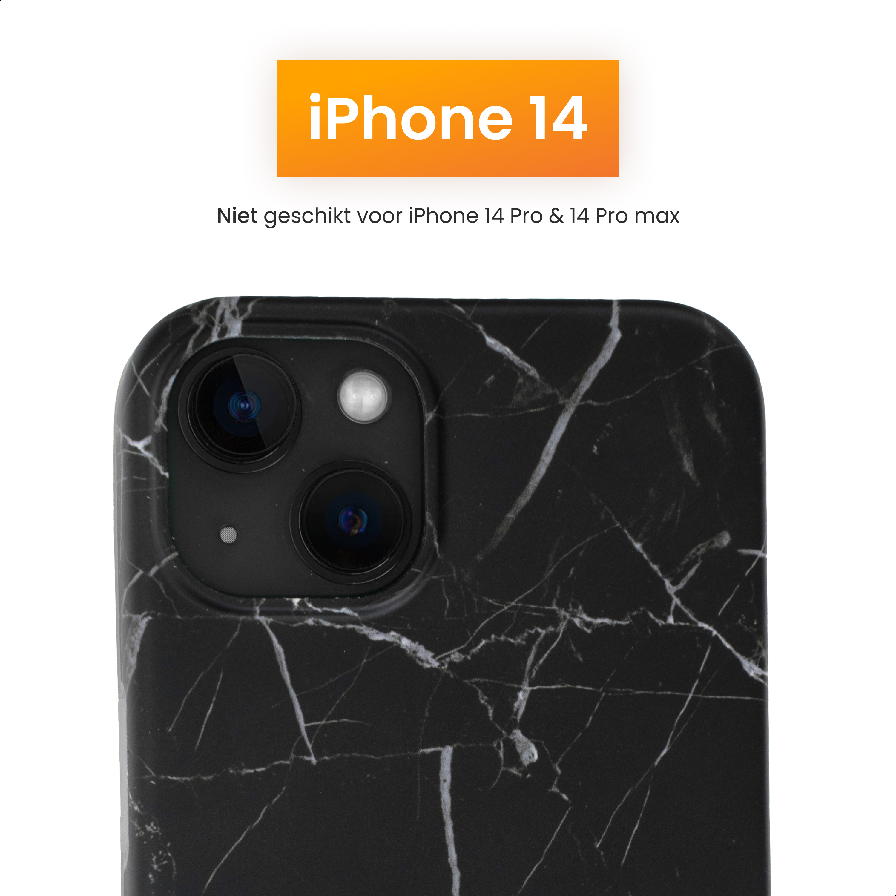 Schwarze Marmor-iPhone-14-Hülle mit Kameralinsen. Orangefarbener iPhone 14-Text oben. Weißer Hintergrund.