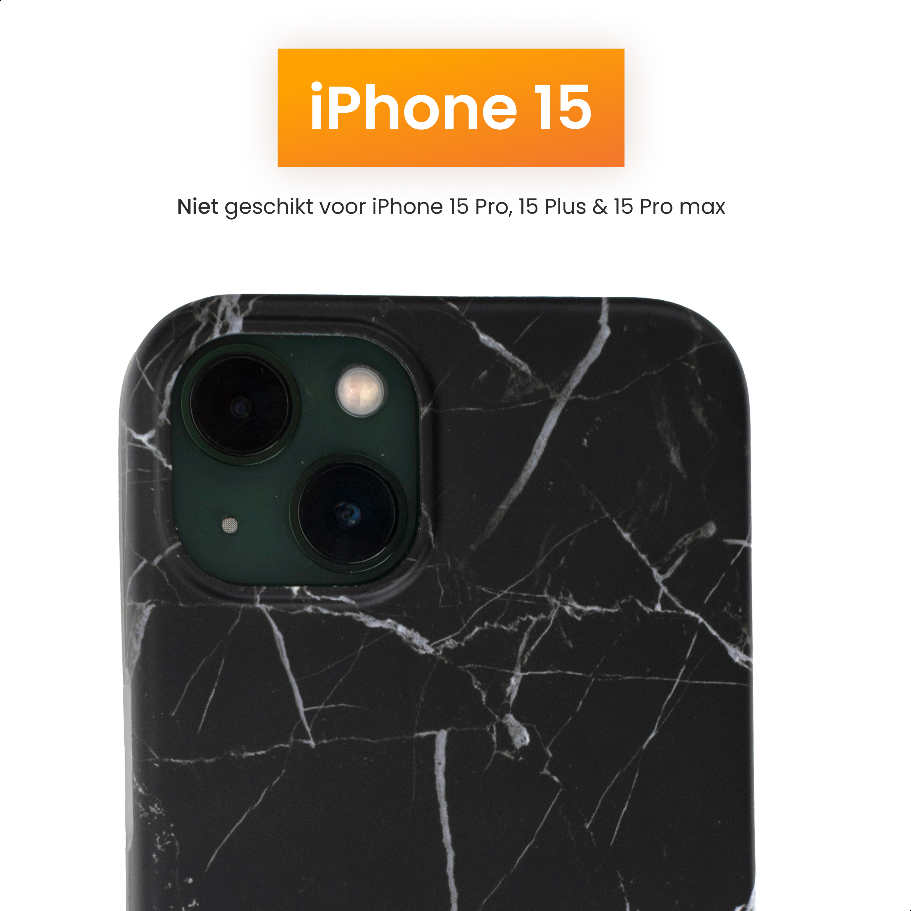 Black marble iPhone 15 case with camera detail. Text at the top says iPhone 15. White background.