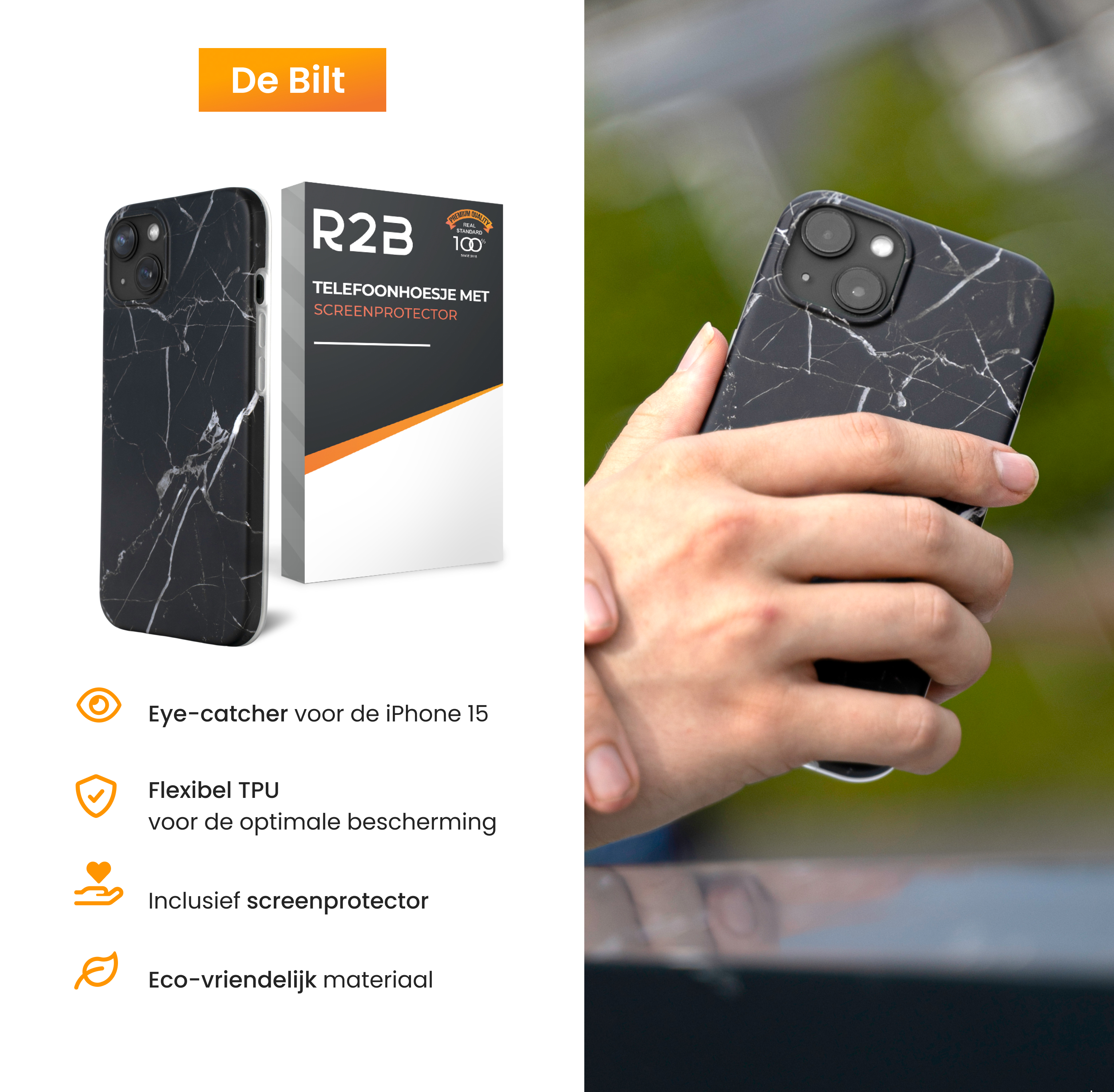 A person holds a phone with a black marble case. A case package is on the left. Text reads 'De Bilt'.