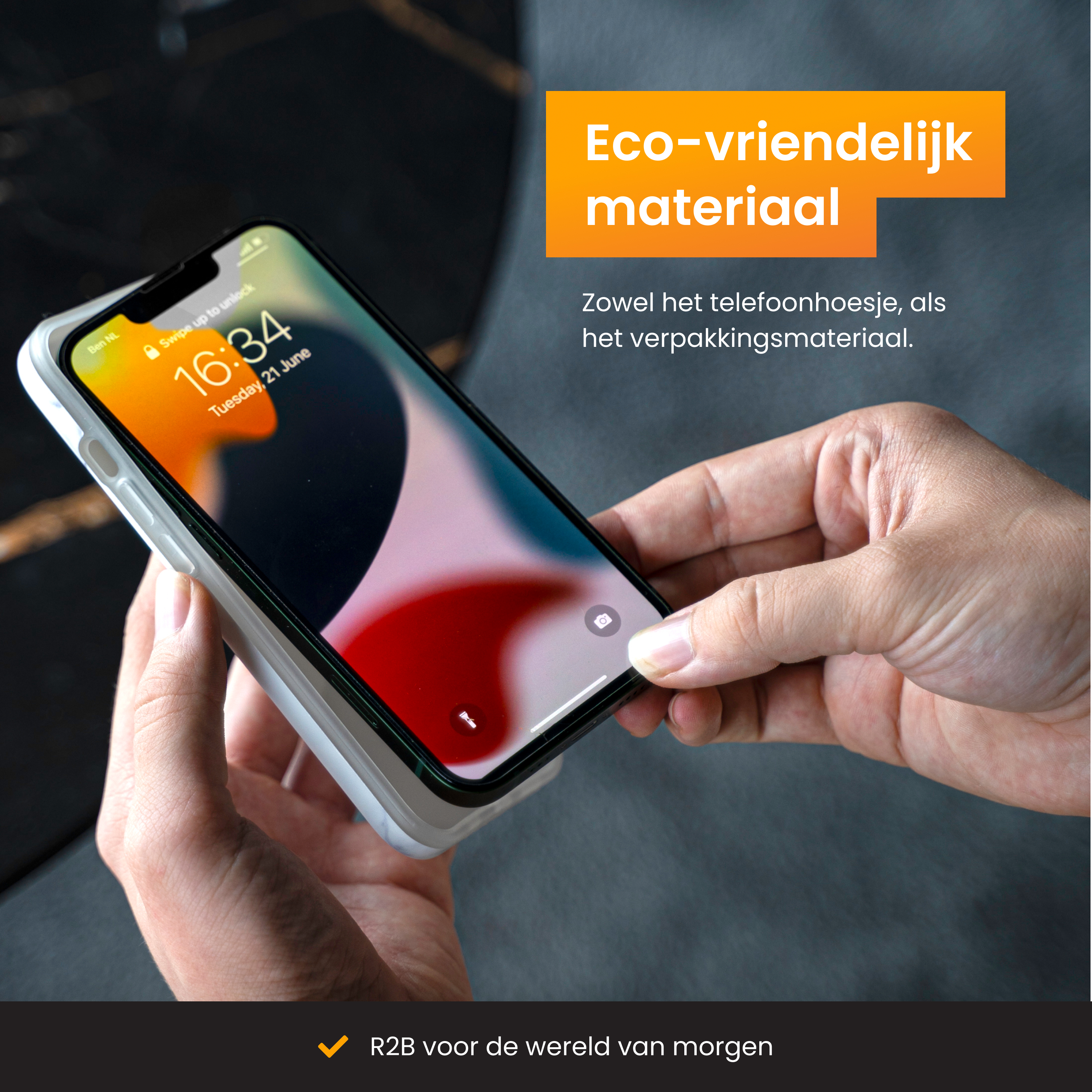 A hand holding a phone with a case. The screen displays time and date. Text indicates eco-friendly material.