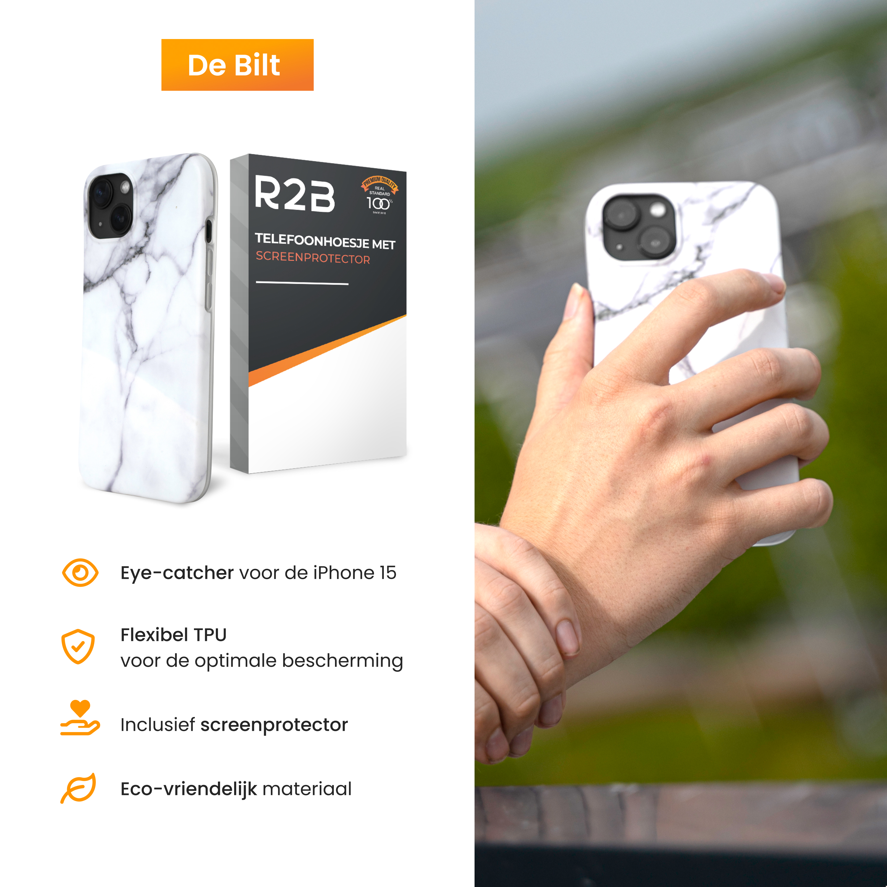 A hand holds a marble-patterned phone case. The case and packaging are visible, along with text in Dutch.