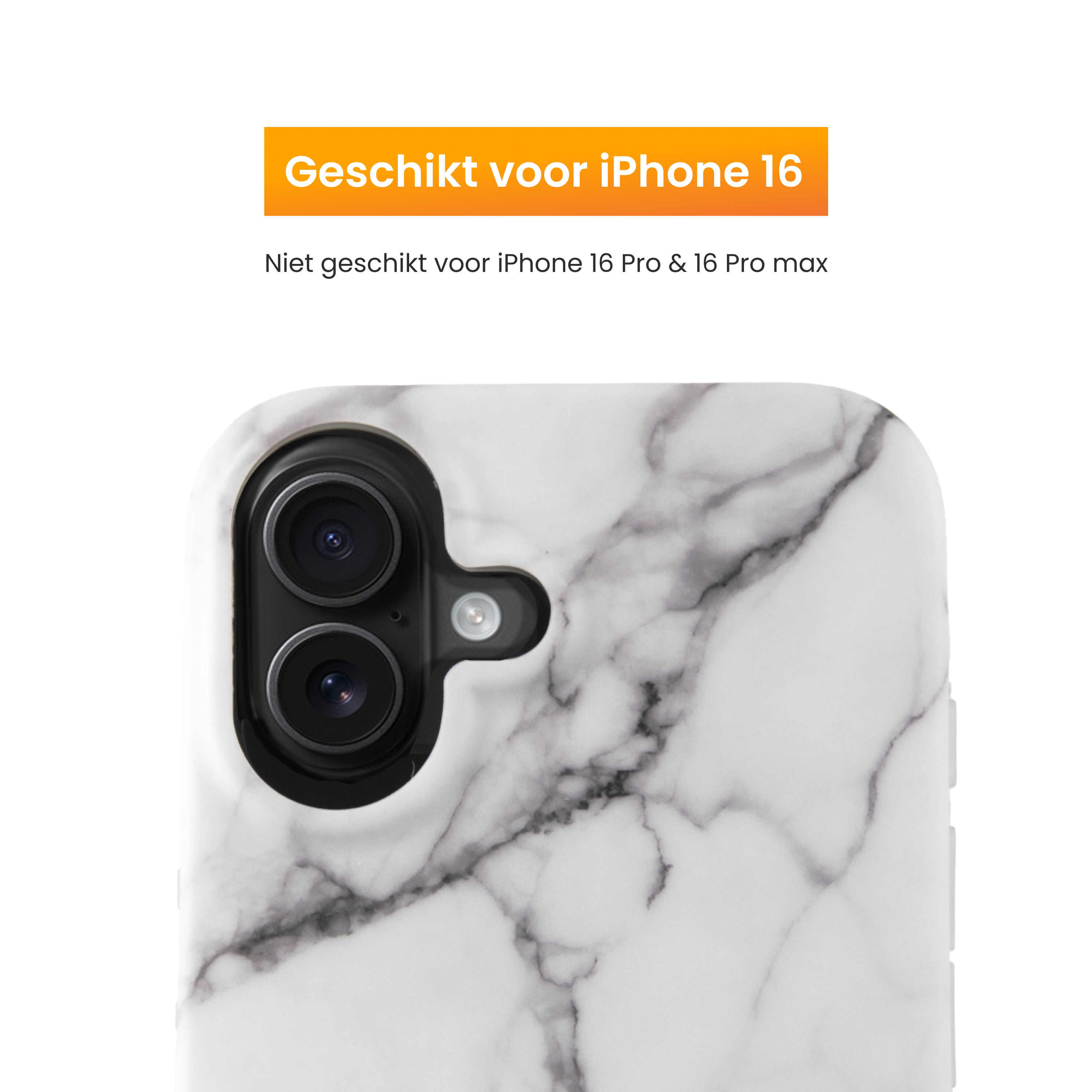 White marble phone case with black camera lenses. Orange text says 'Suitable for iPhone 16'.