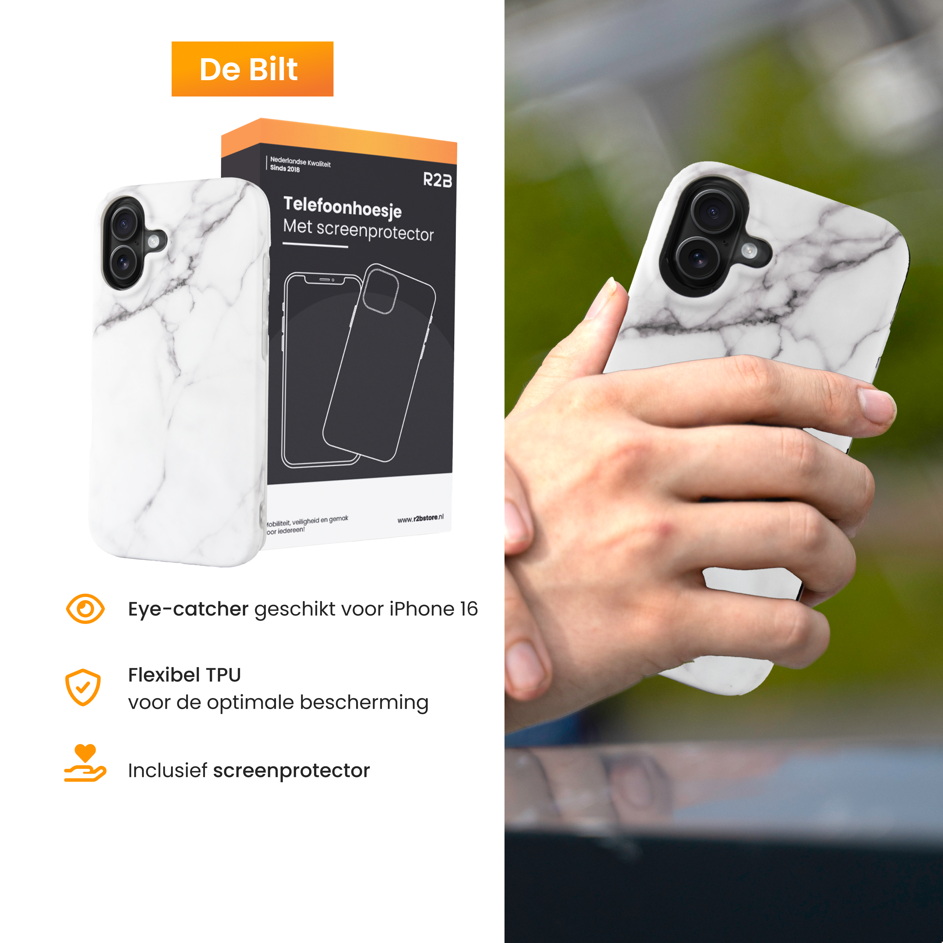 A hand holds a white marble phone case. A box is in the background with text. Green background.