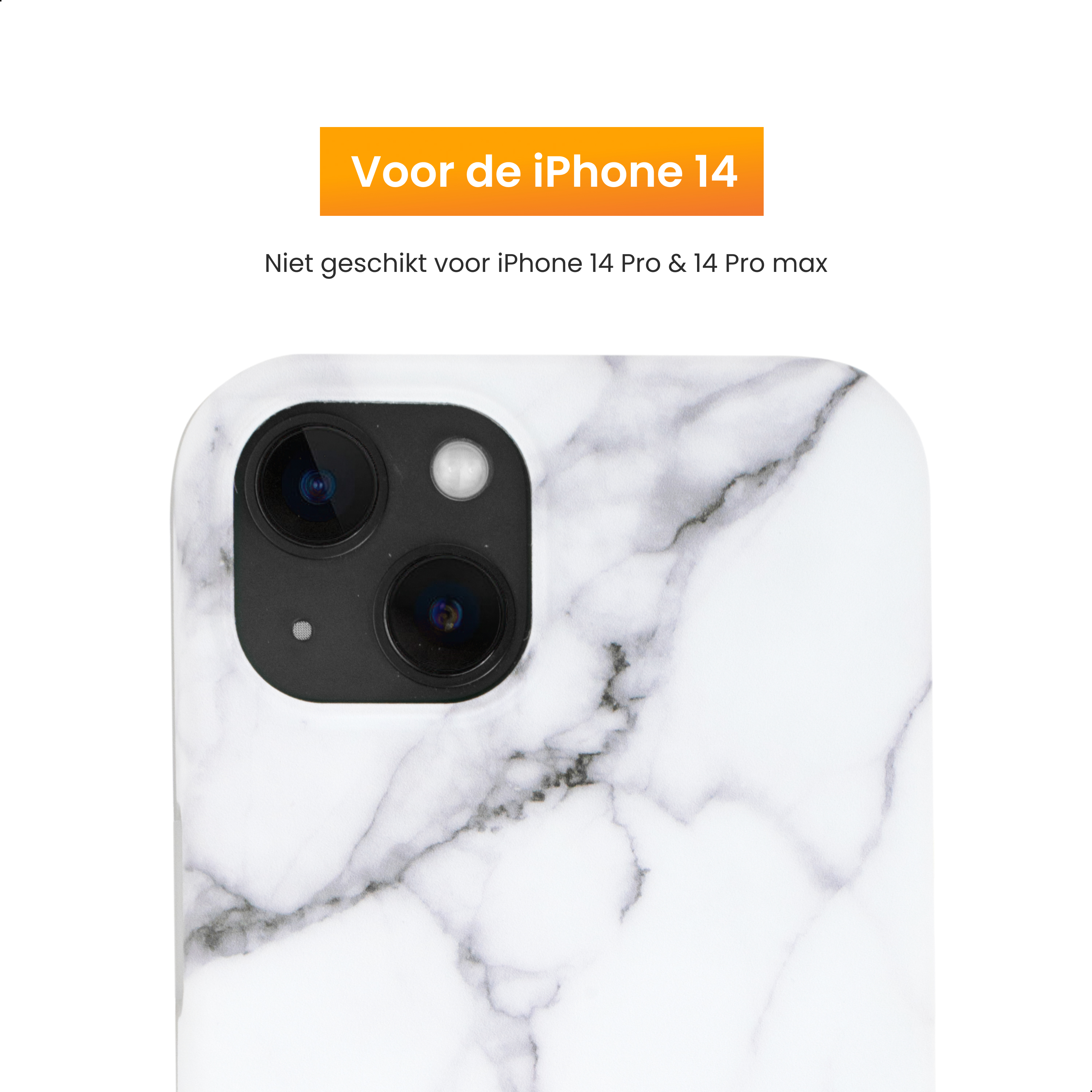 Eine weiße Marmor-iPhone 14-Hülle mit Kameralinsen. Der obere Text lautet 'Voor de iPhone 14'.