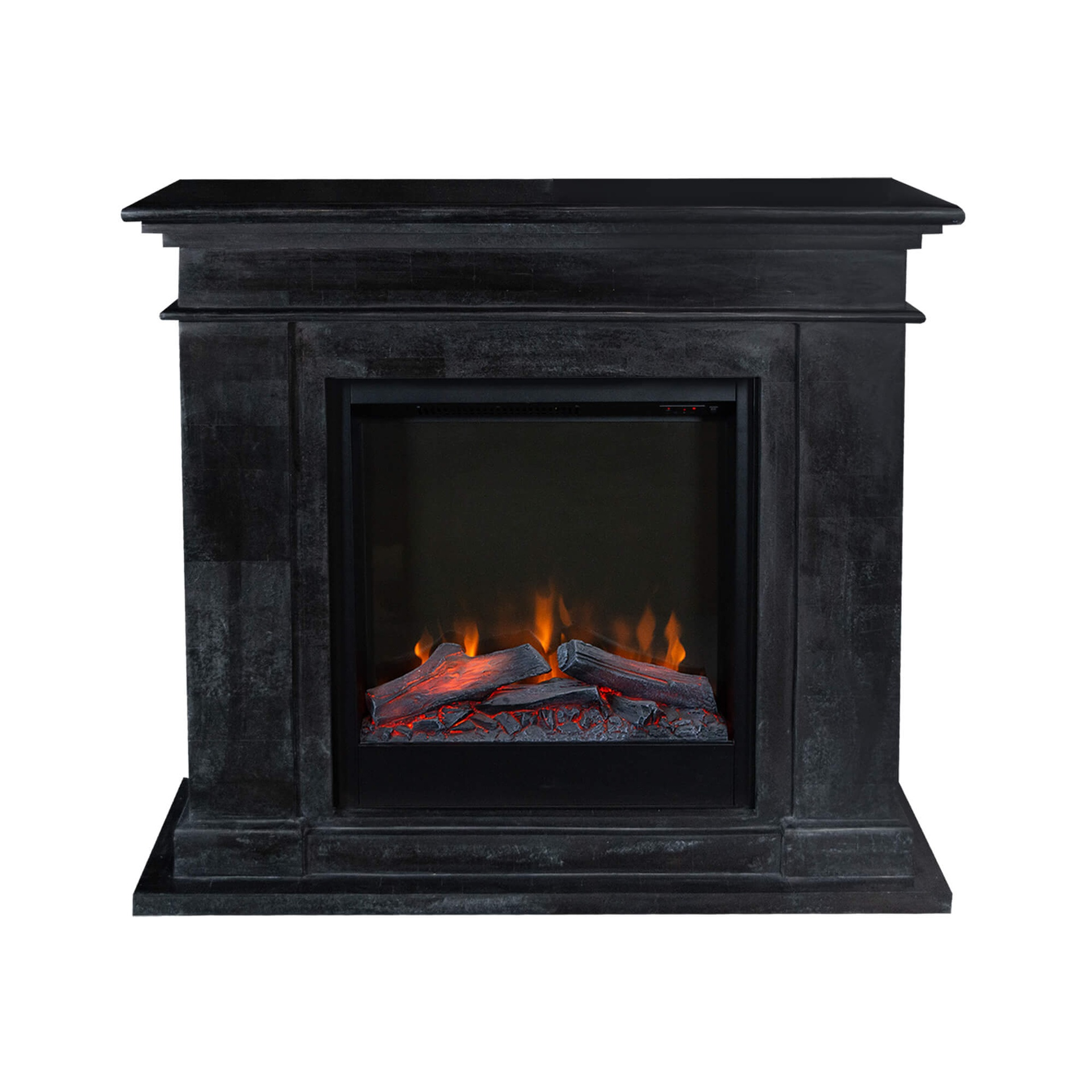 A black fireplace with faux fire. It has a mantle and base, with a glowing fire effect inside. The logs are visible.
