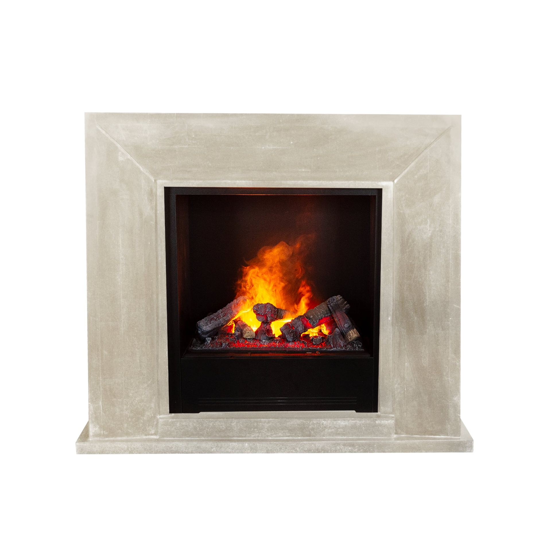 Een open haard met een lichtgrijs frame. Binnenin liggen kunstmatige brandende blokken met oranje vlammen.