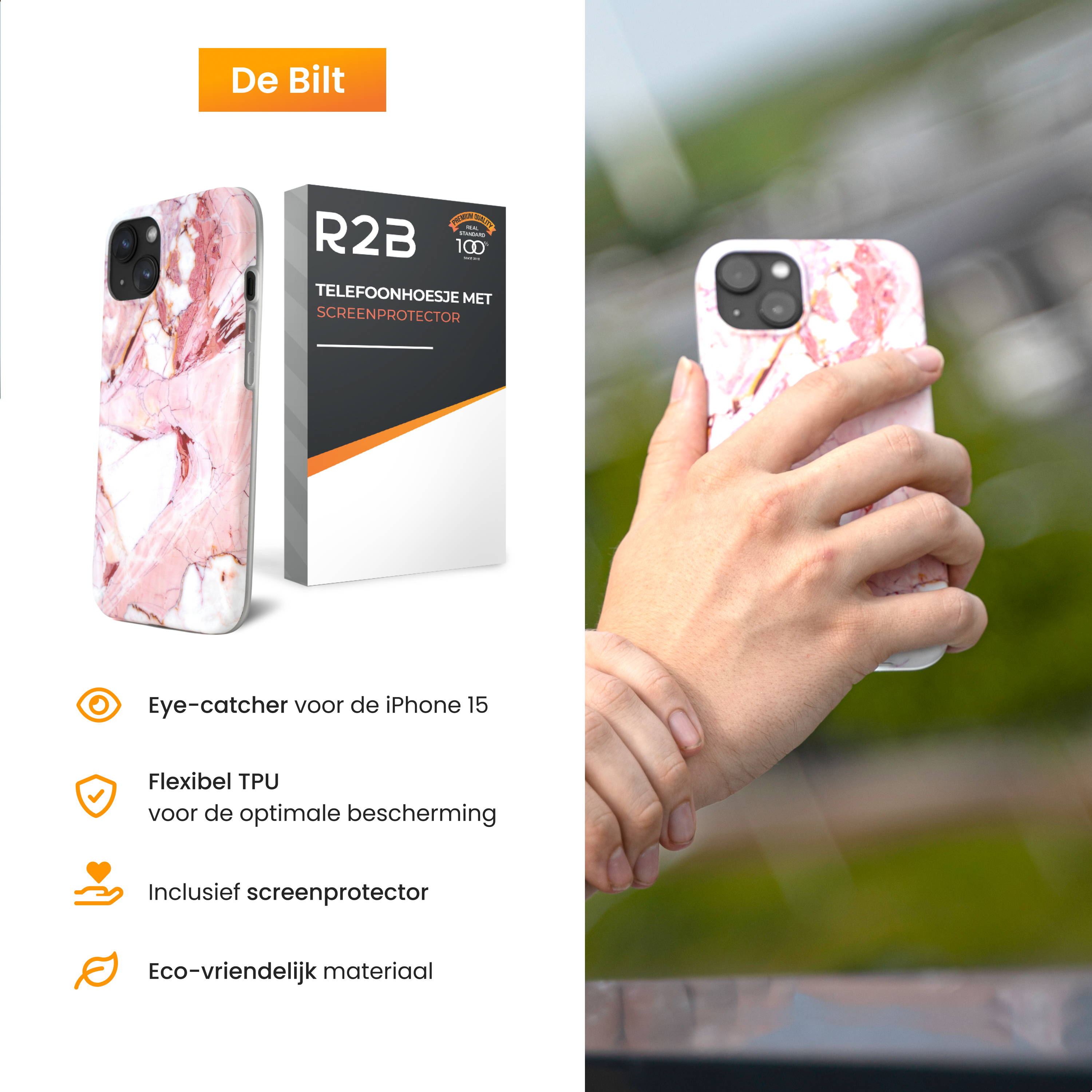 A hand holding a phone case with a marble design.  A screen protector and product details are visible in the background.