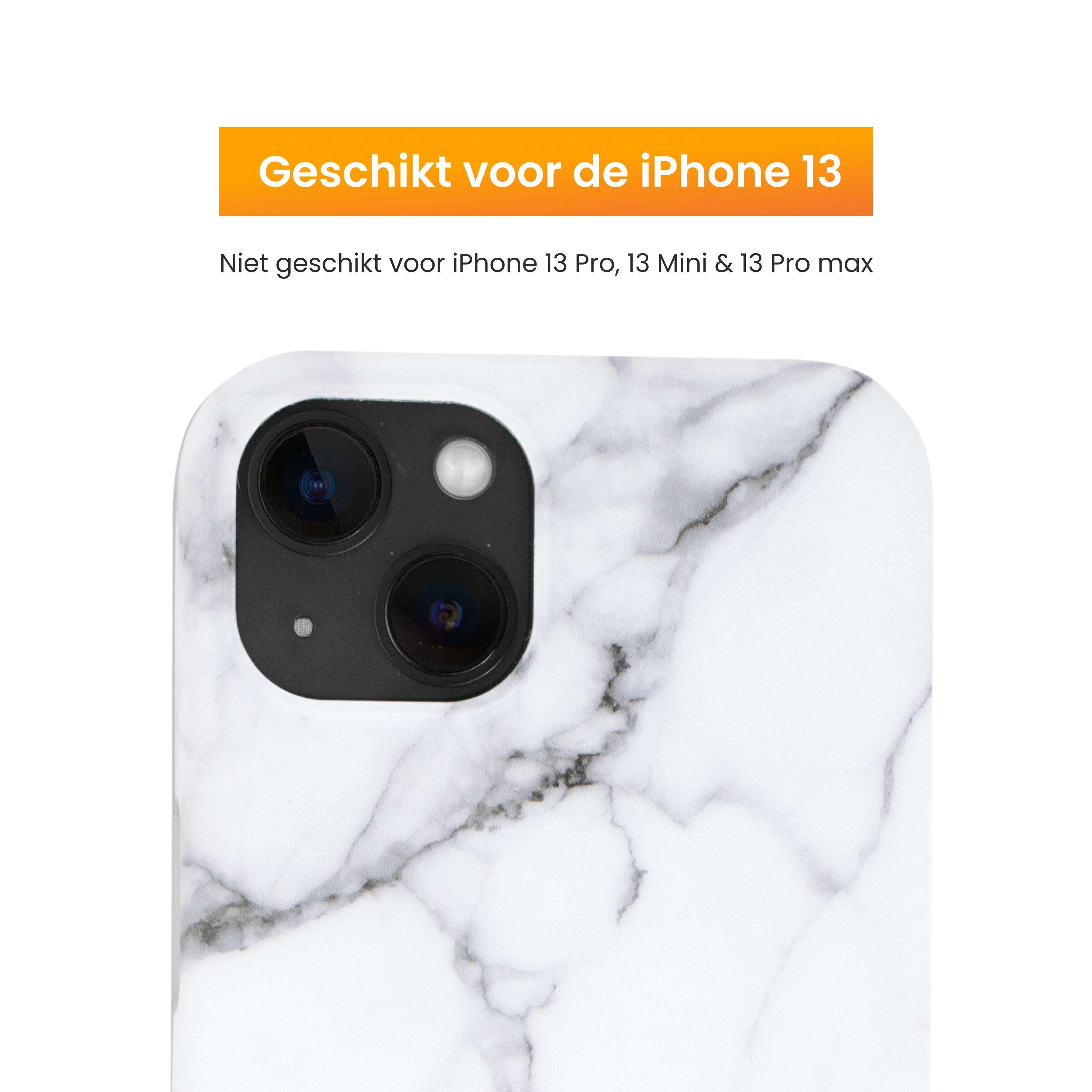 Weißes Handycase mit Marmordesign und Kameraausschnitt. Orangener Text oben: 'Geeignet für iPhone 13'.