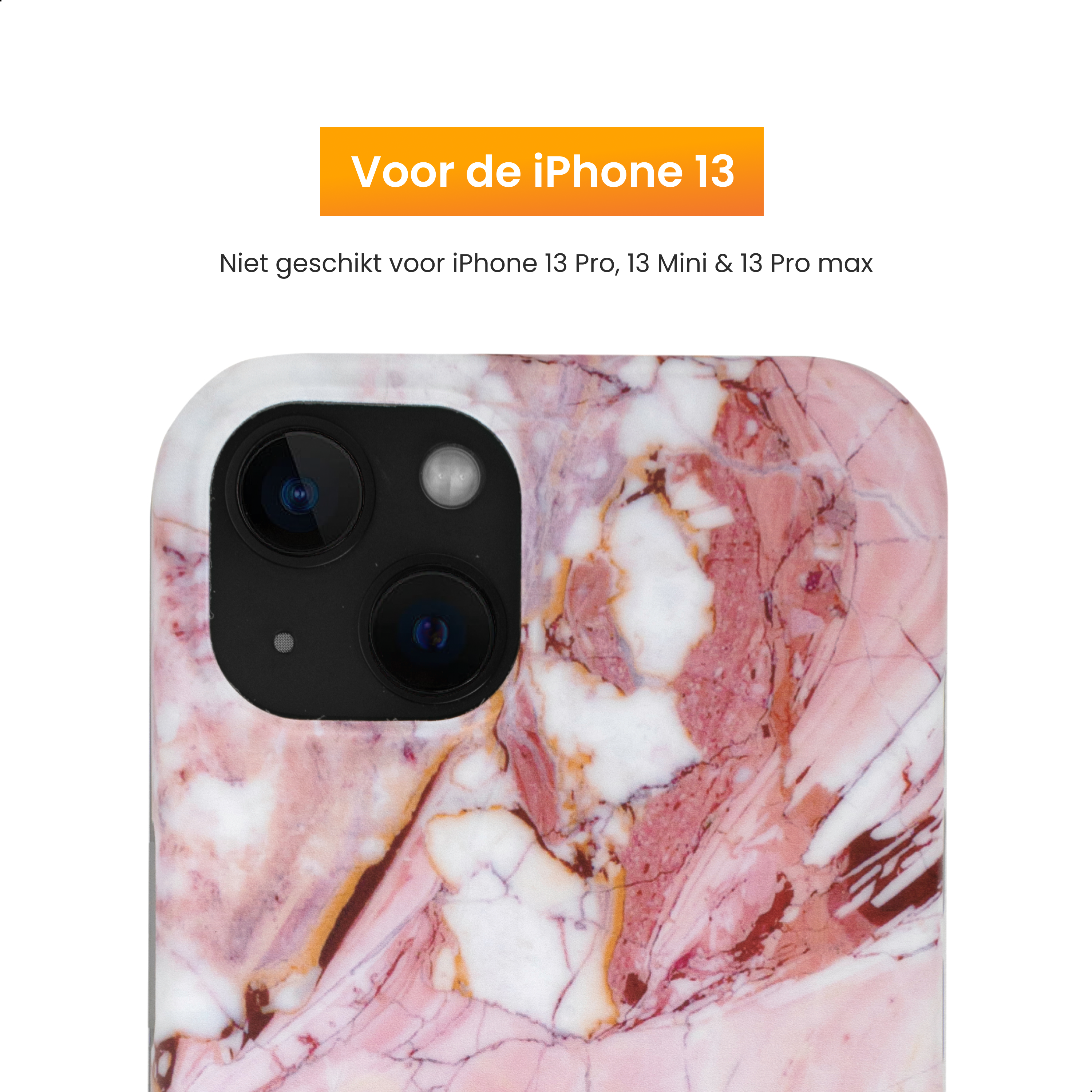 Une coque iPhone 13 avec un motif marbre. La caméra du téléphone est visible. Le texte dit 'Voor de iPhone 13'.