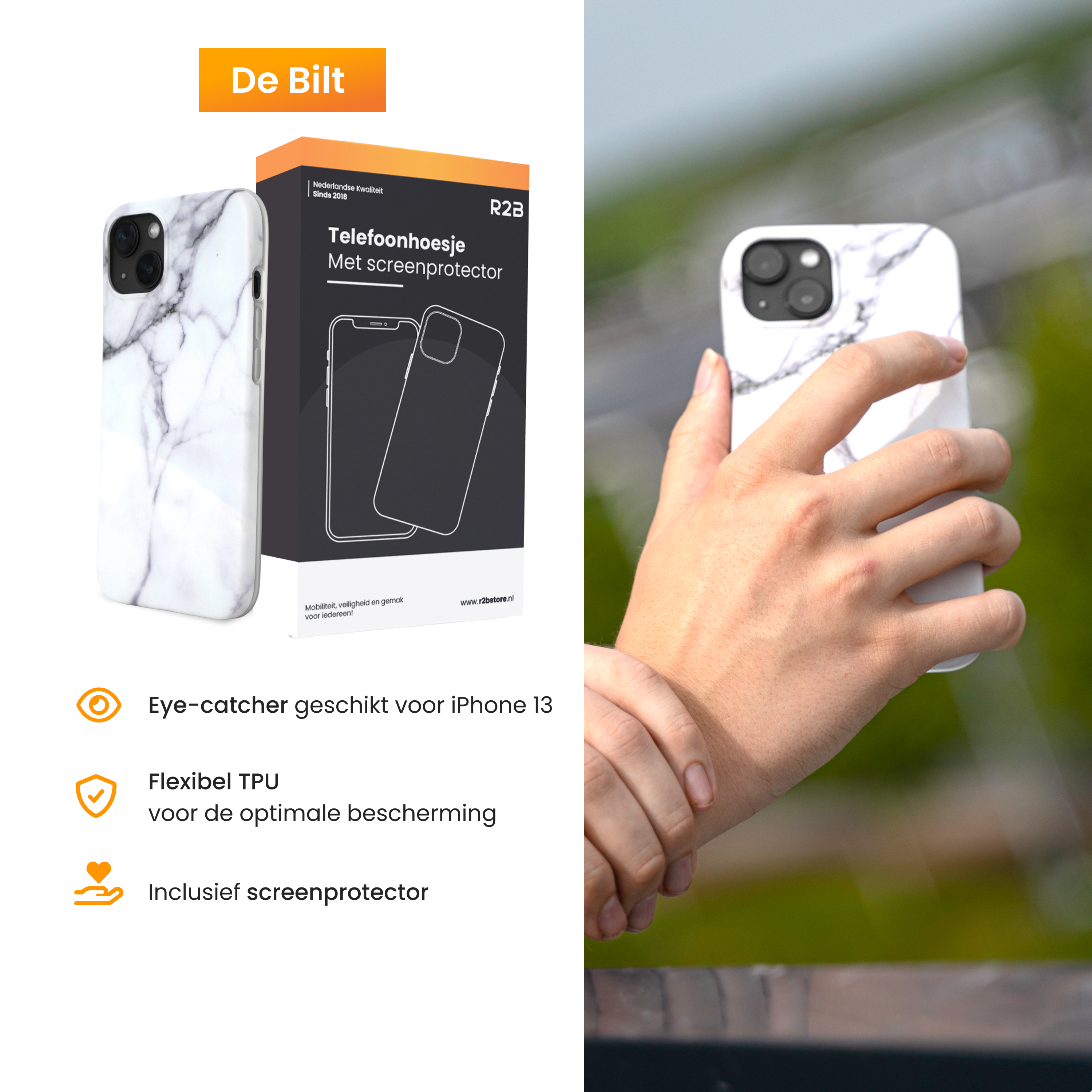 Eine Person hält eine weiße Marmor-Handyhülle. Eine Box zeigt eine Handyhülle mit Displayschutzfolie und Marketingtext.