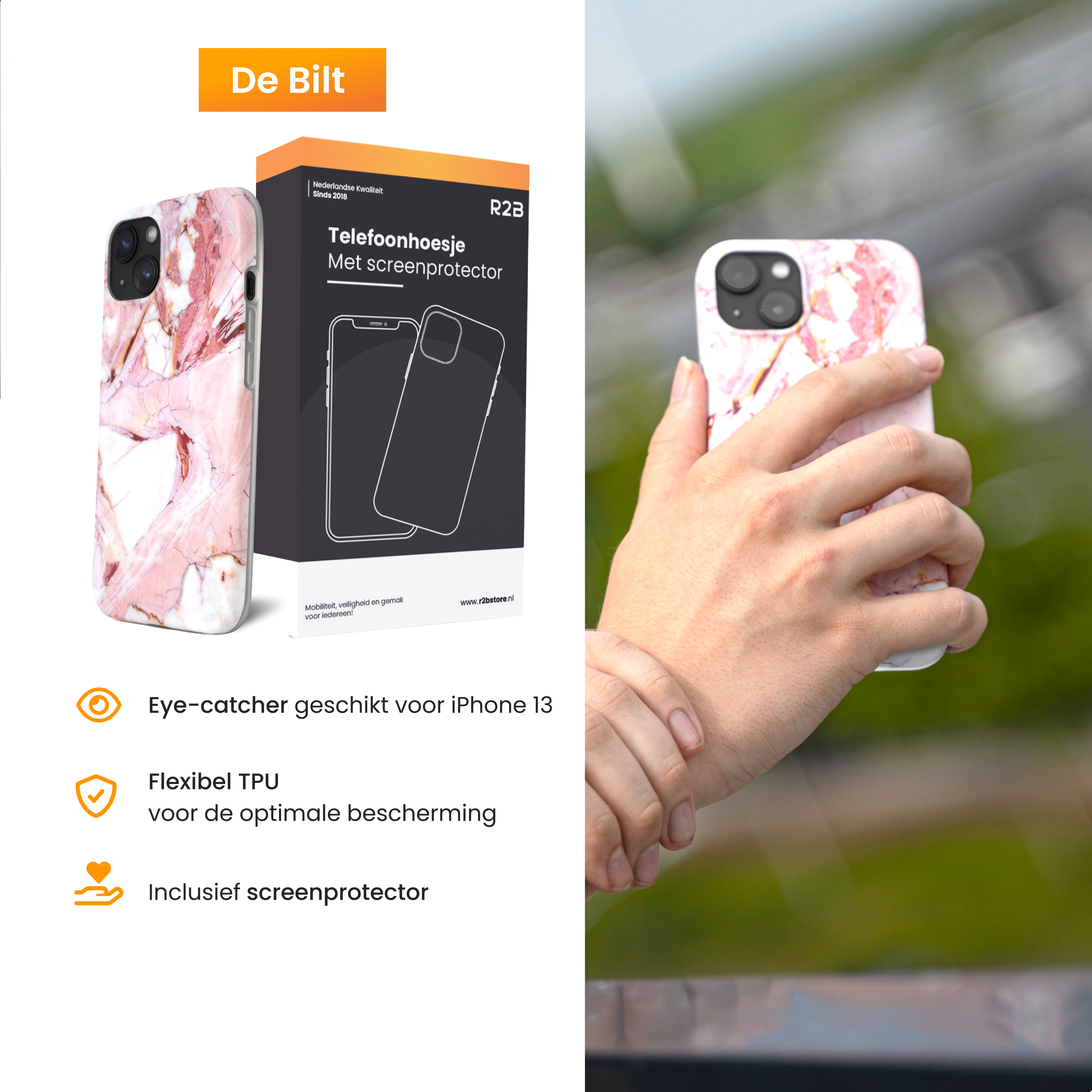 Main tenant un étui de téléphone en marbre rose. Une boîte avec le même étui est à gauche. Fond vert.