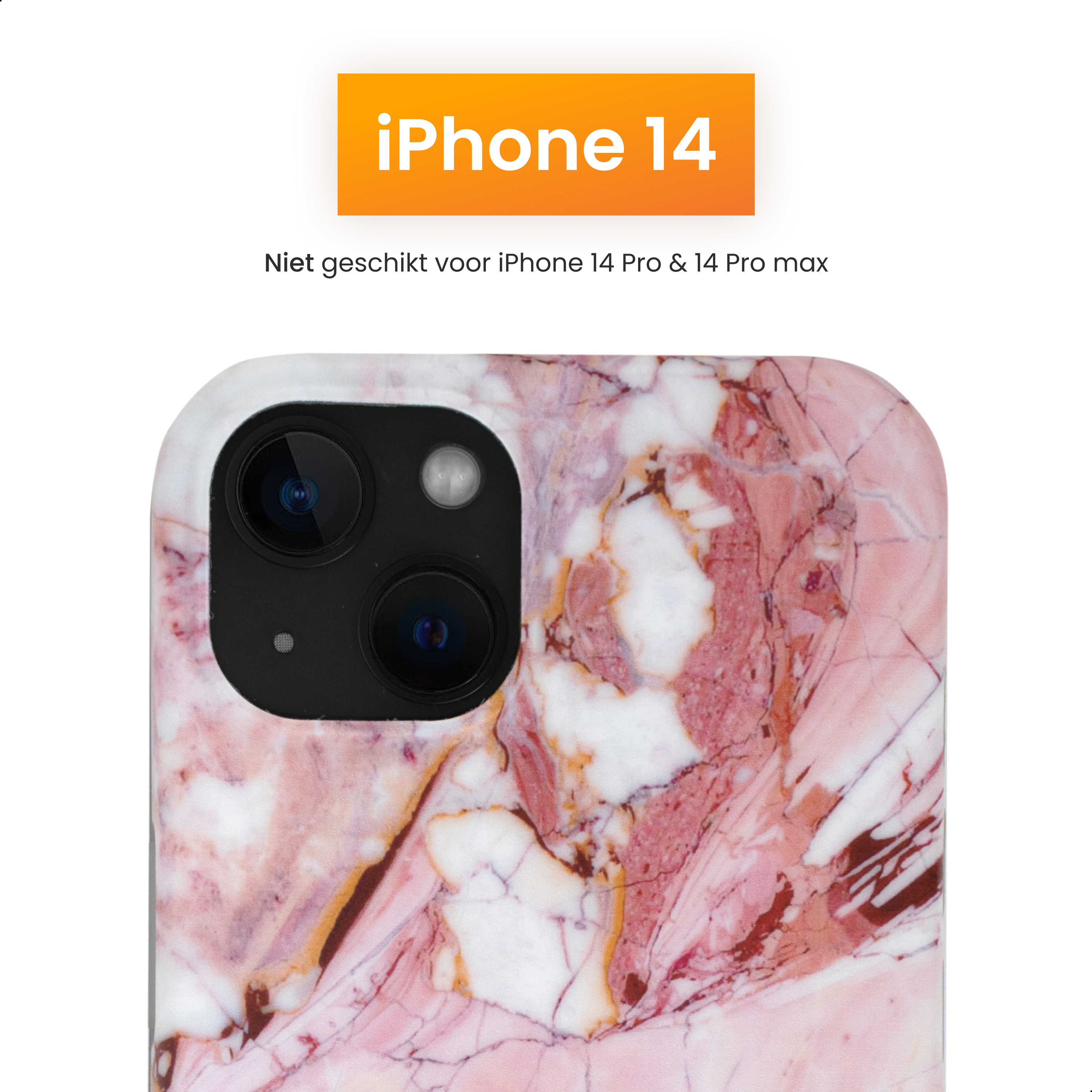 Coque iPhone 14. Motif marbré rose et blanc. Module caméra noir, avec deux objectifs.