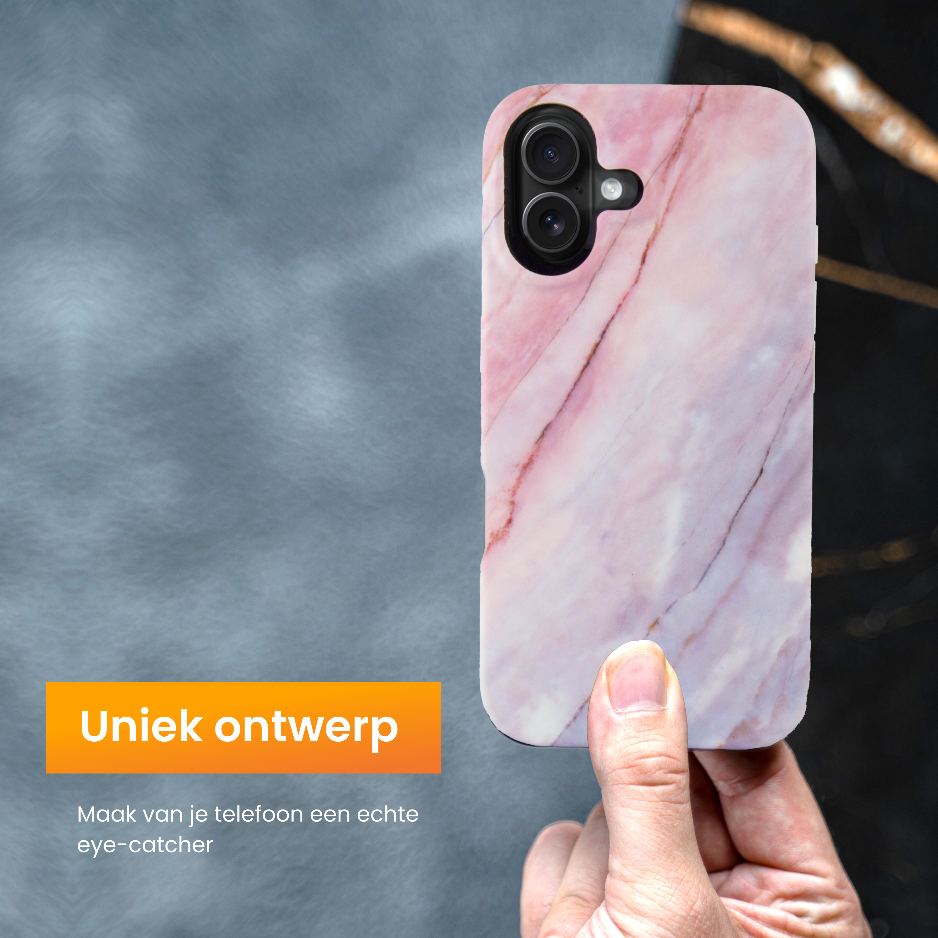 A hand holds a phone case with a pink marble design. The background is a gradient of blue and black.
